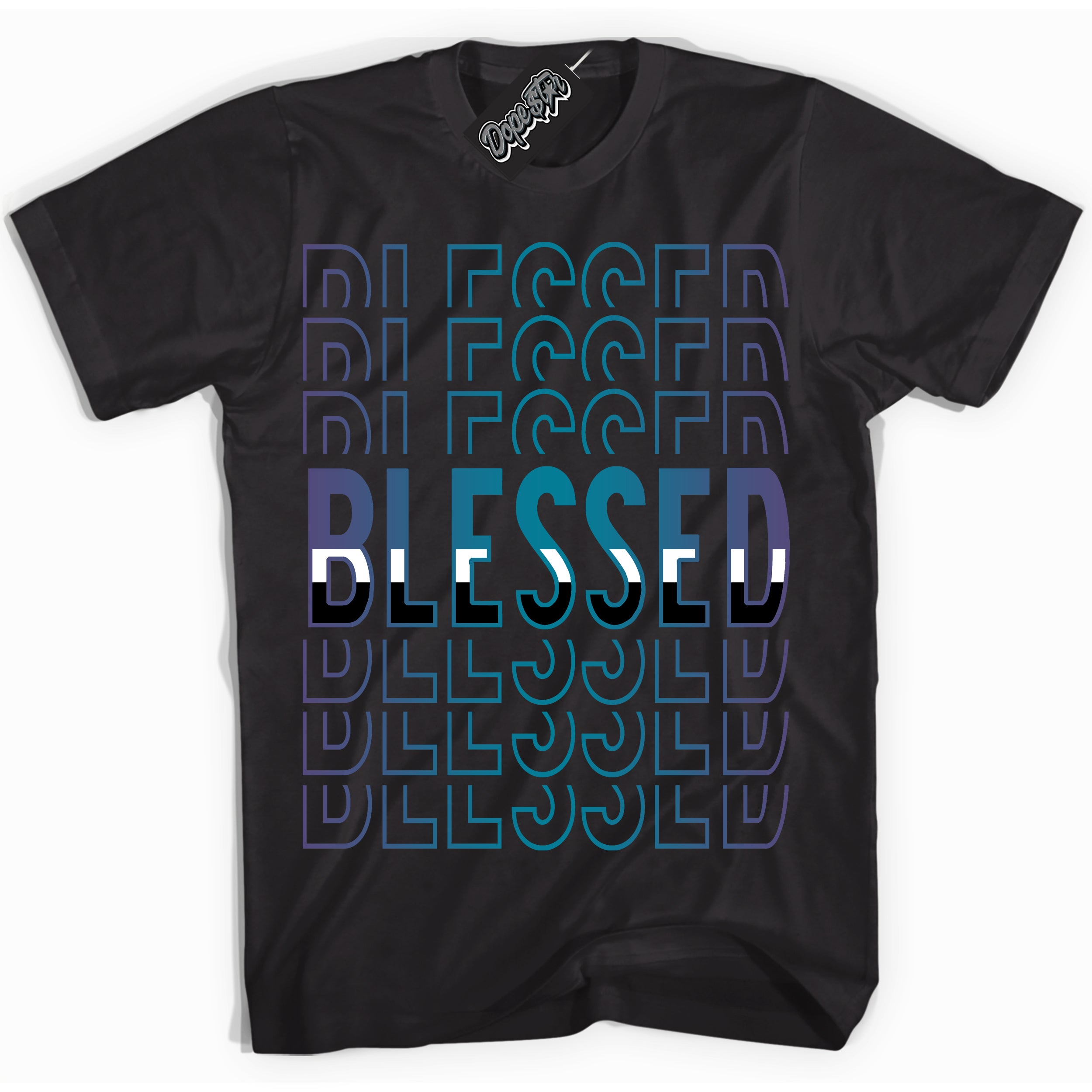 Cool Black Shirt with “ Blessed Stacked” design that perfectly matches Love Letter 14s Sneakers.