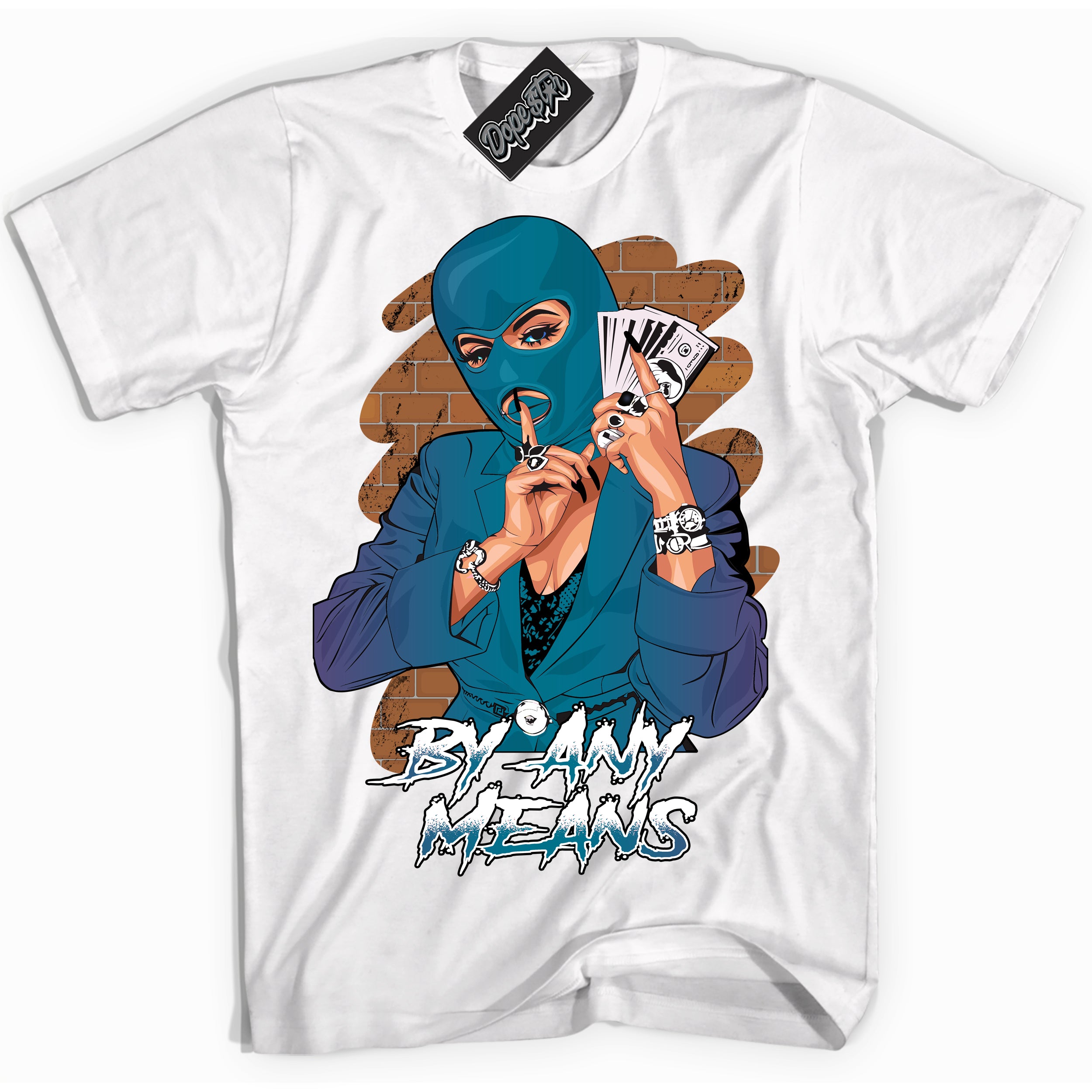 Cool White Shirt with “ By Any Means” design that perfectly matches Love Letter 14s Sneakers.