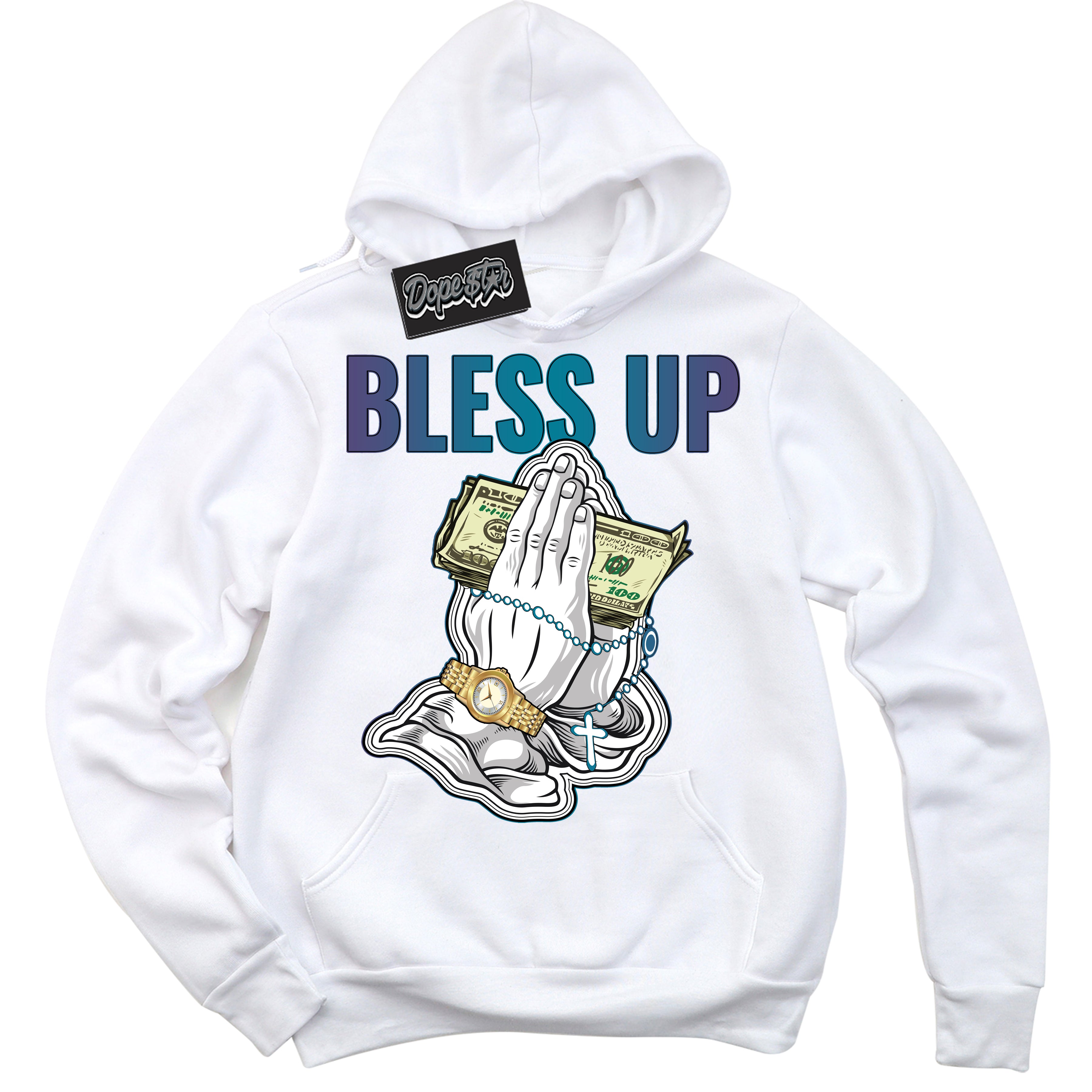 Cool White Hoodie with “ Bless Up ”  design that Perfectly Matches Love Letter 14s Sneakers.