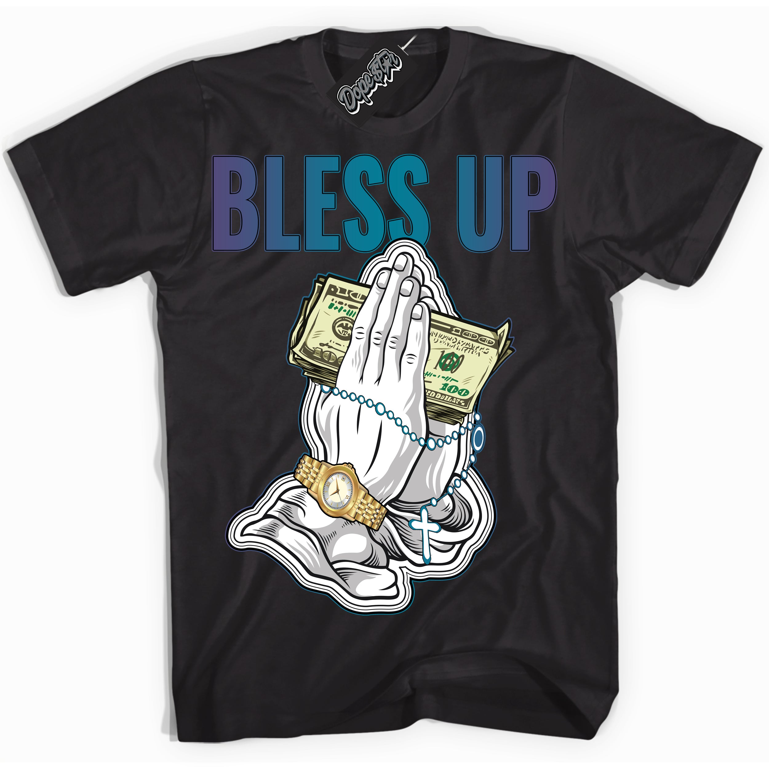 Cool Black Shirt with “ Bless Up” design that perfectly matches Love Letter 14s Sneakers.