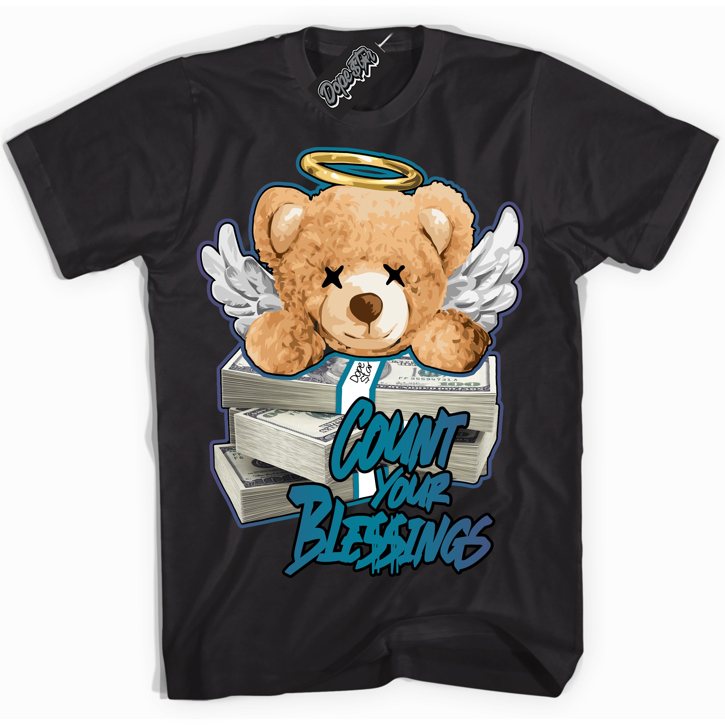 Cool Black Shirt with “ Count Your Blessings” design that perfectly matches Love Letter 14s Sneakers.