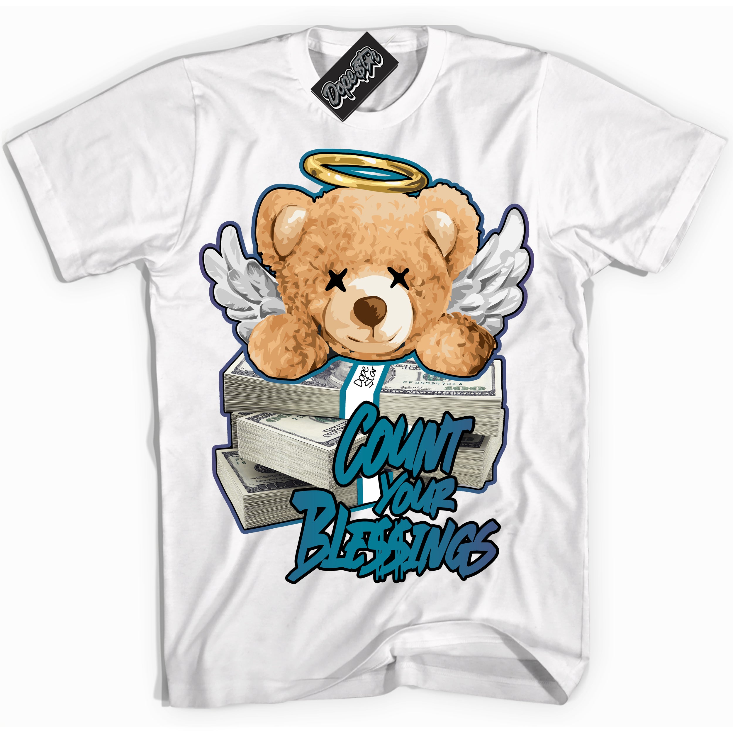 Cool White Shirt with “ Count Your Blessings” design that perfectly matches Love Letter 14s Sneakers.