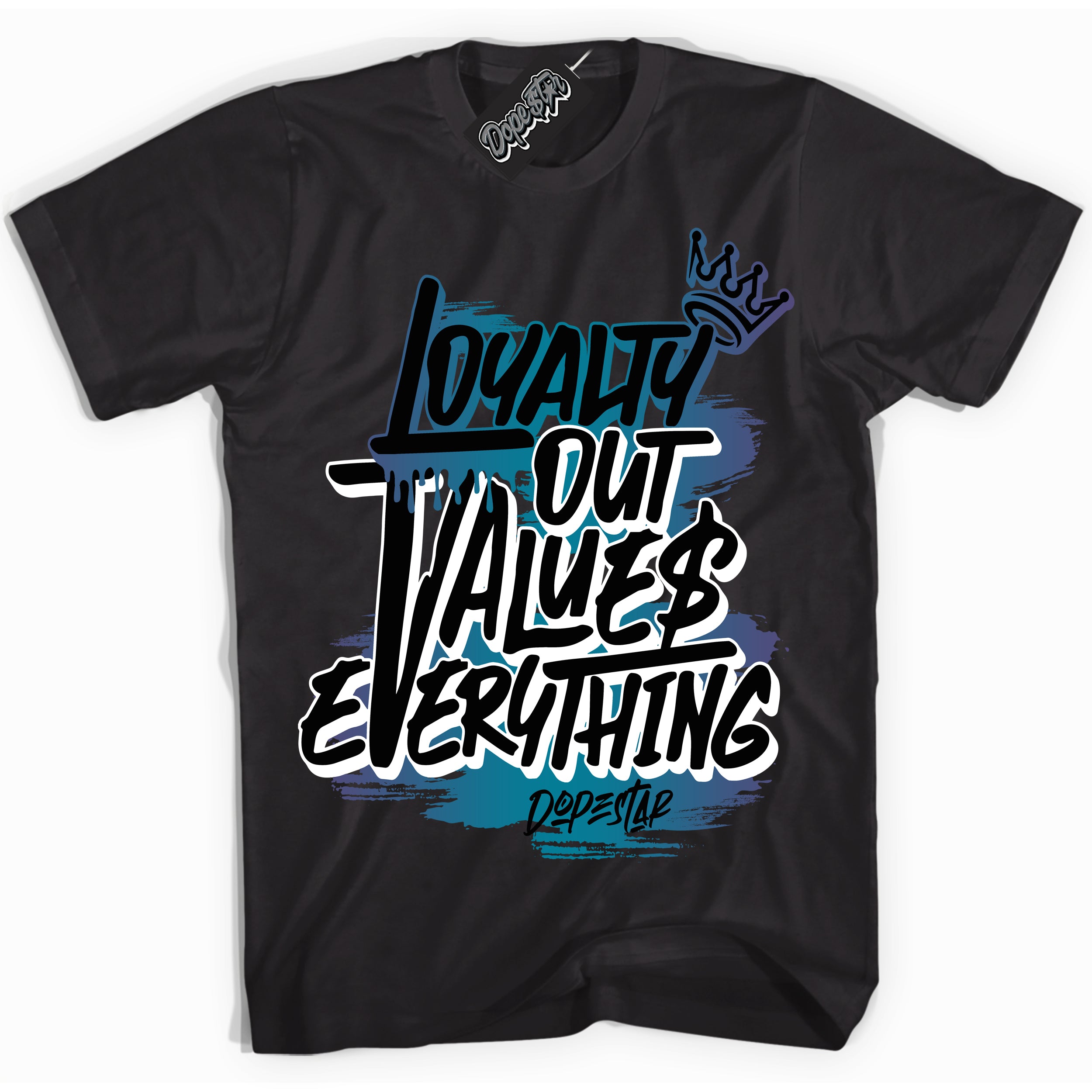 Cool Black Shirt with “ Loyalty Out Values Everything” design that perfectly matches Love Letter 14s Sneakers.