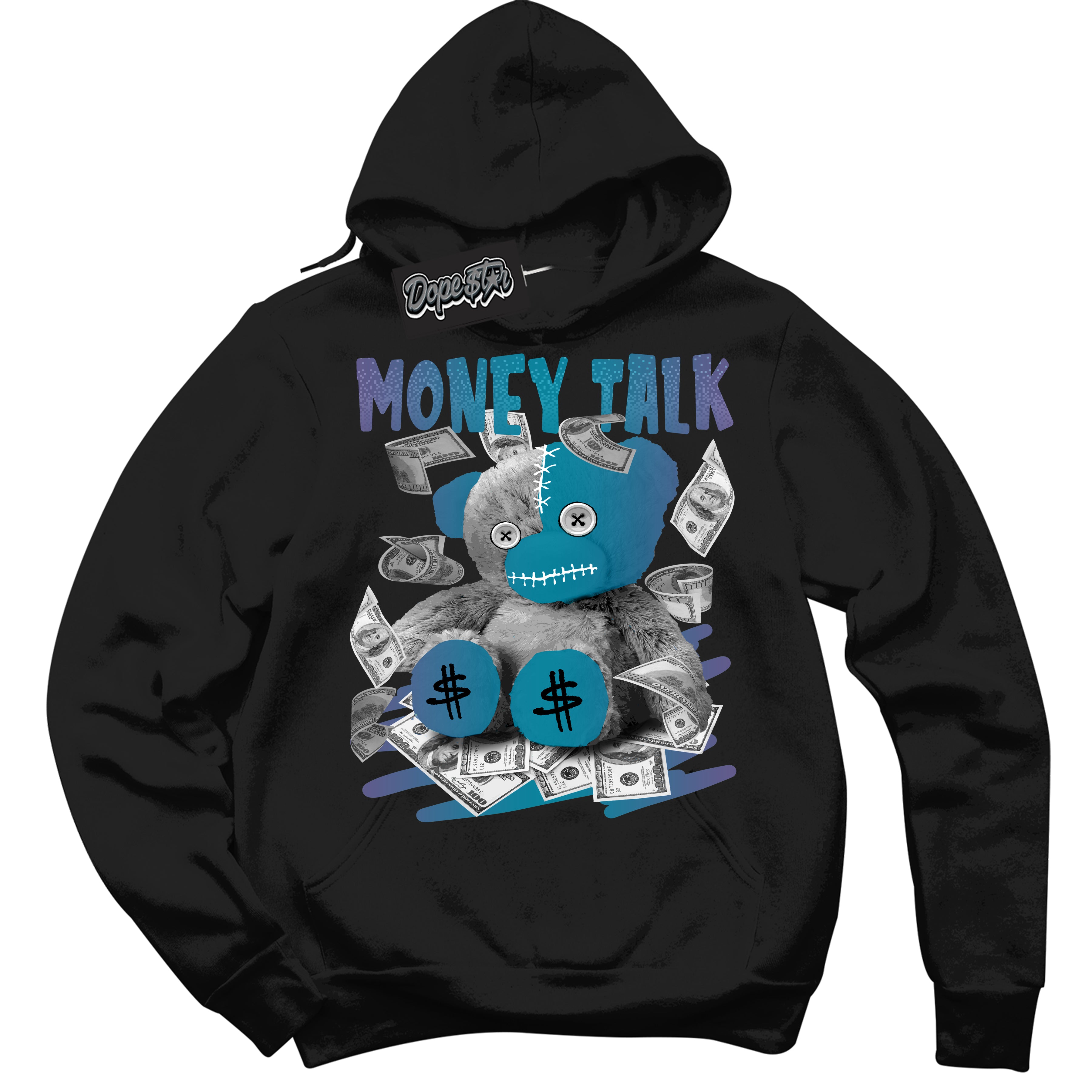 Cool Black Hoodie with “ Money Talk Bear ”  design that Perfectly Matches Love Letter 14s Sneakers.