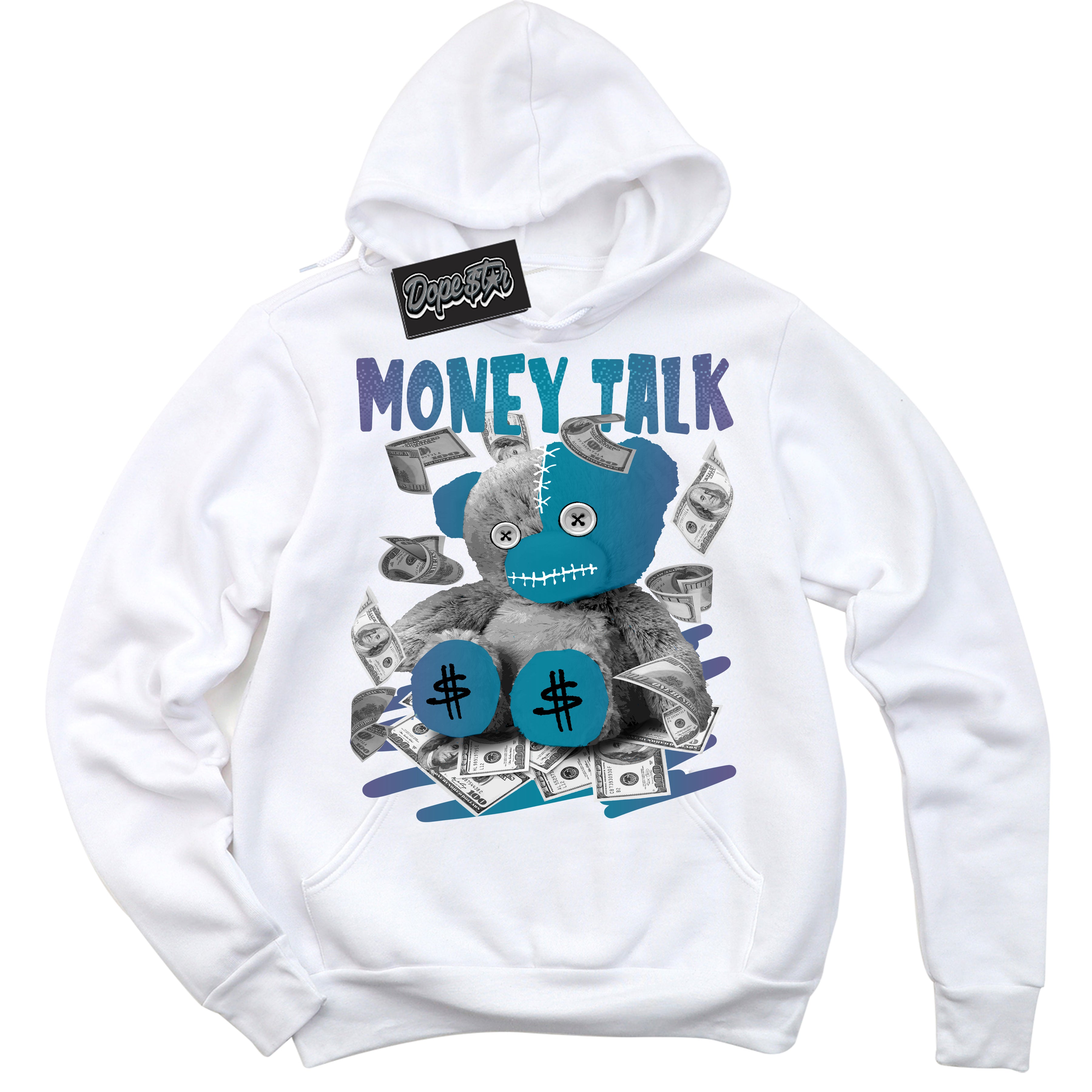 Cool White Hoodie with “ Money Talk Bear ”  design that Perfectly Matches Love Letter 14s Sneakers.