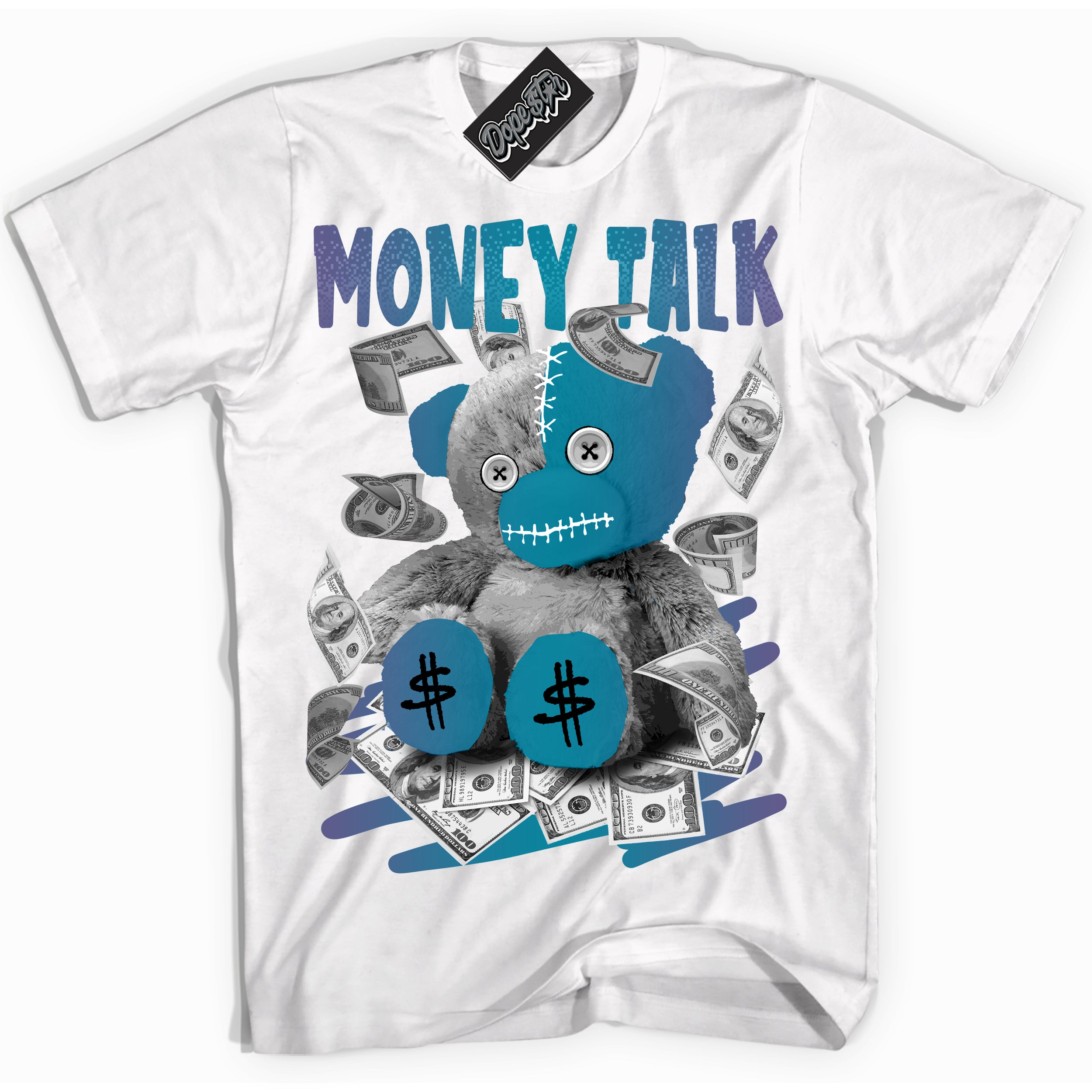 Cool White Shirt with “ Money Talk Bear” design that perfectly matches Love Letter 14s Sneakers.