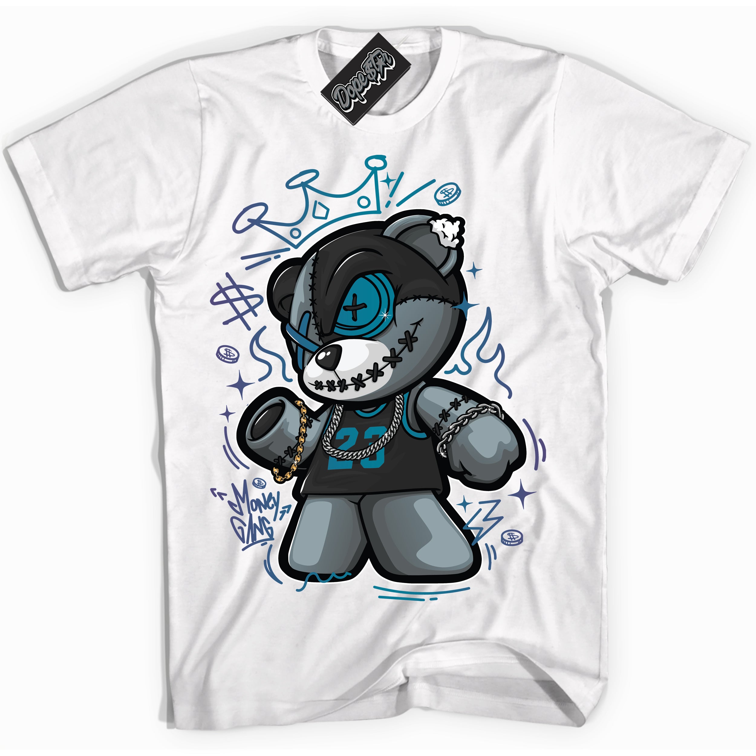 Cool White Shirt with “ Money Gang Bear” design that perfectly matches Love Letter 14s Sneakers.