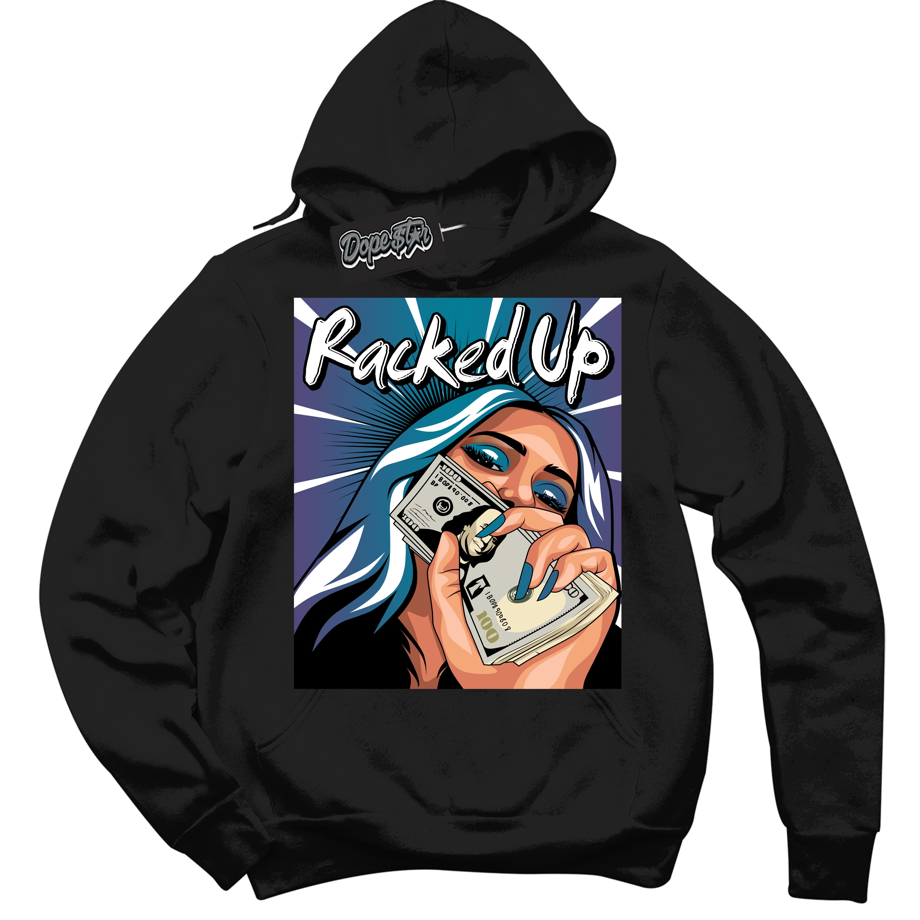 Cool Black Hoodie with “ Racked Up ”  design that Perfectly Matches Love Letter 14s Sneakers.