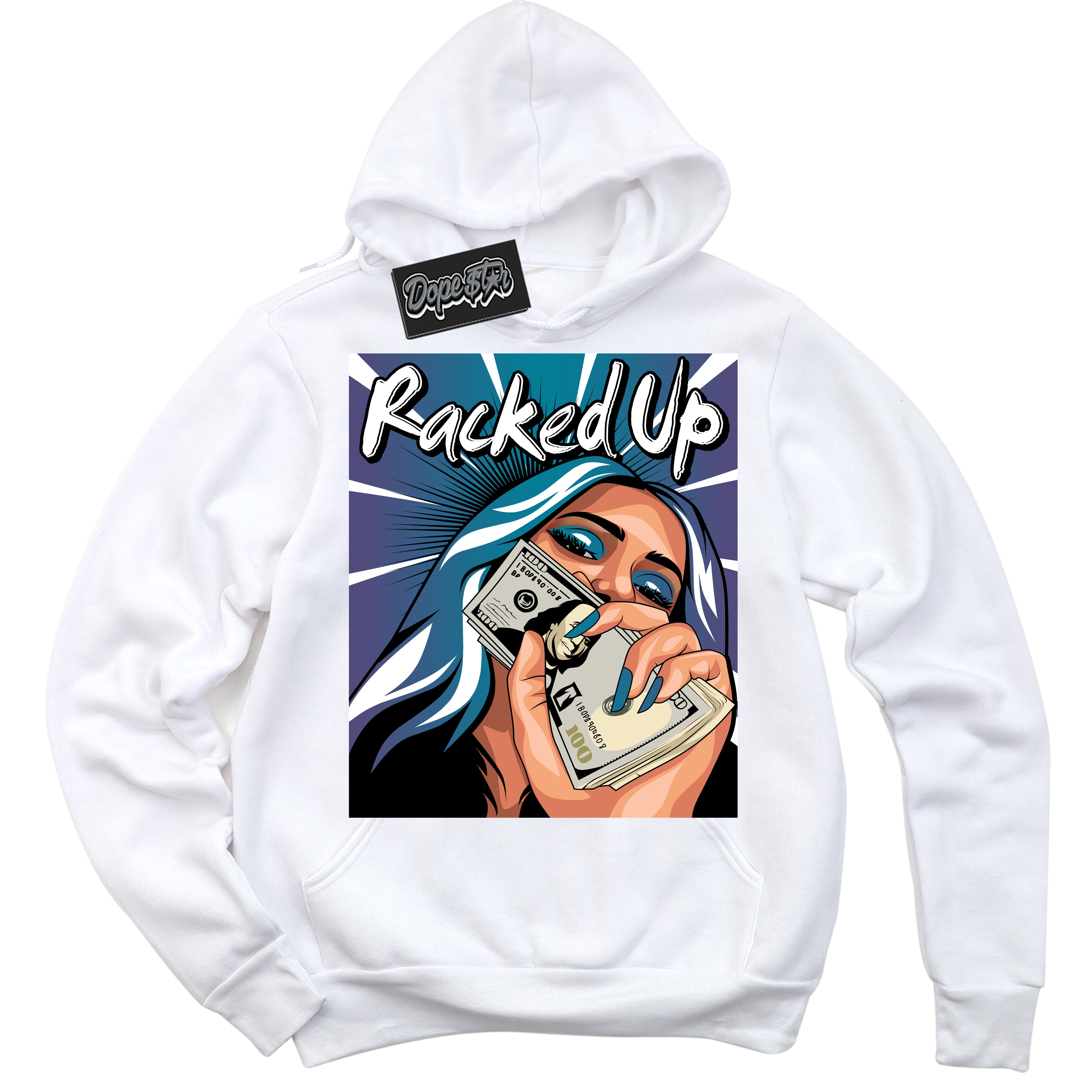 Cool White Hoodie with “ Racked Up ”  design that Perfectly Matches Love Letter 14s Sneakers.