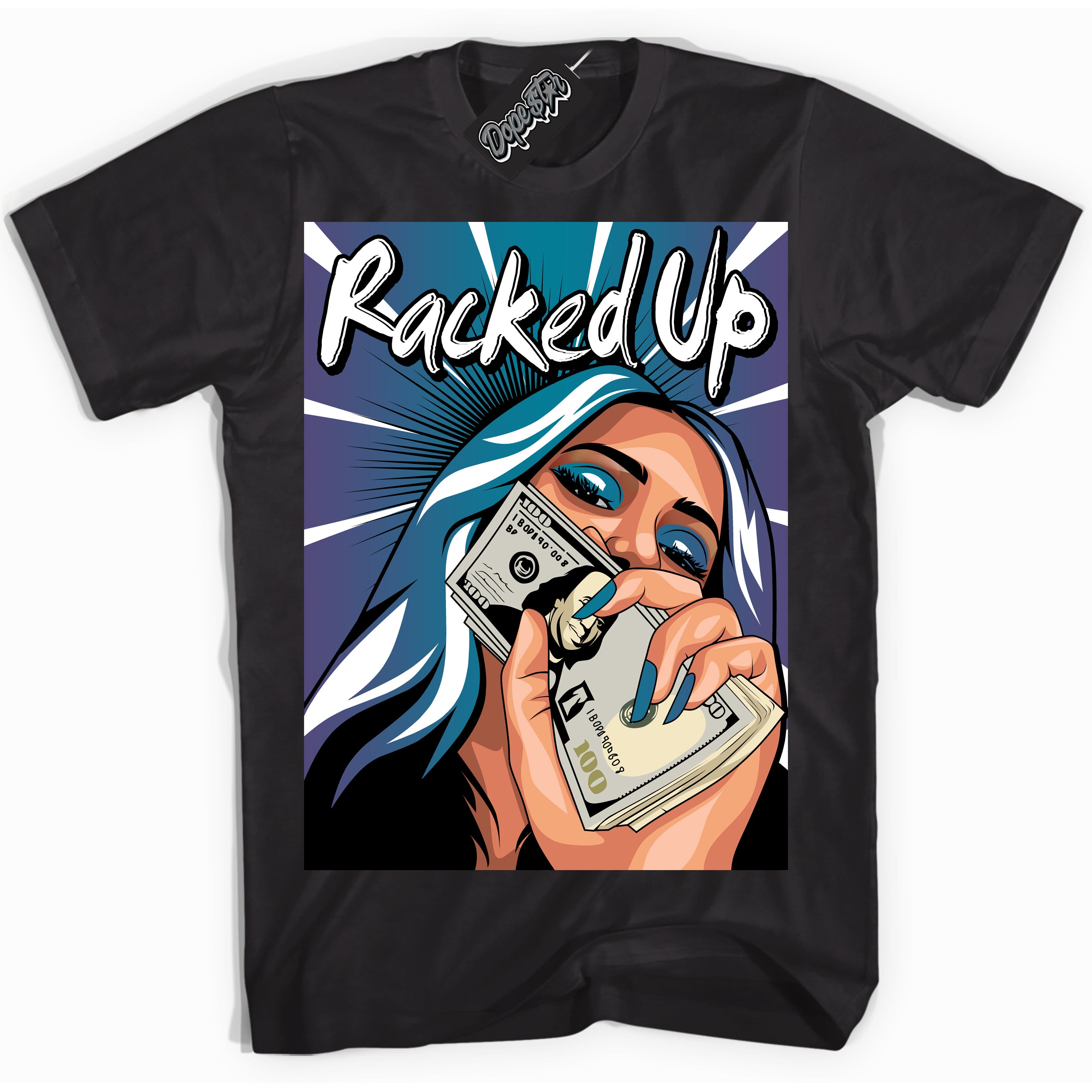 Cool Black Shirt with “ Racked Up” design that perfectly matches Love Letter 14s Sneakers.