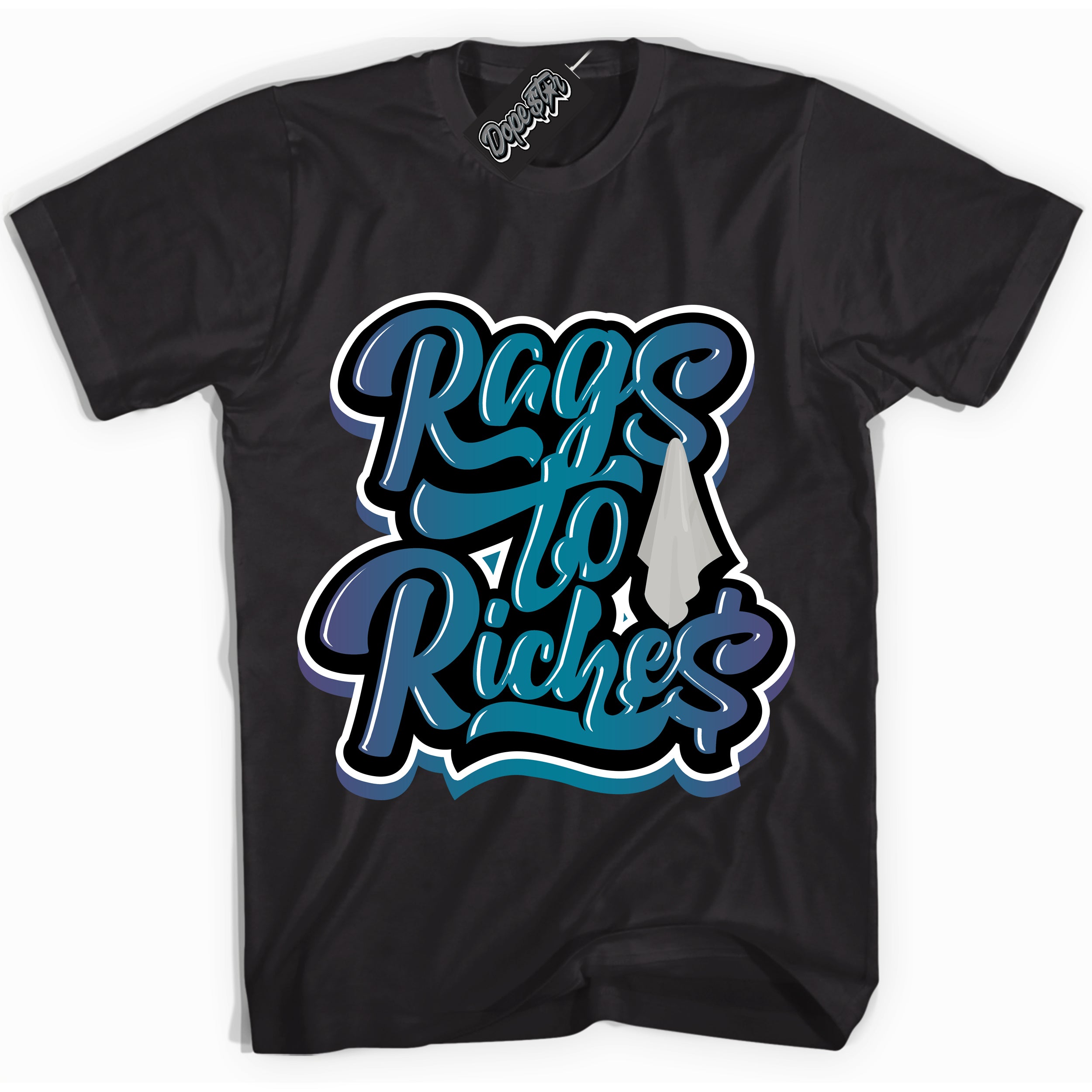 Cool Black Shirt with “ Rags To Riches” design that perfectly matches Love Letter 14s Sneakers.