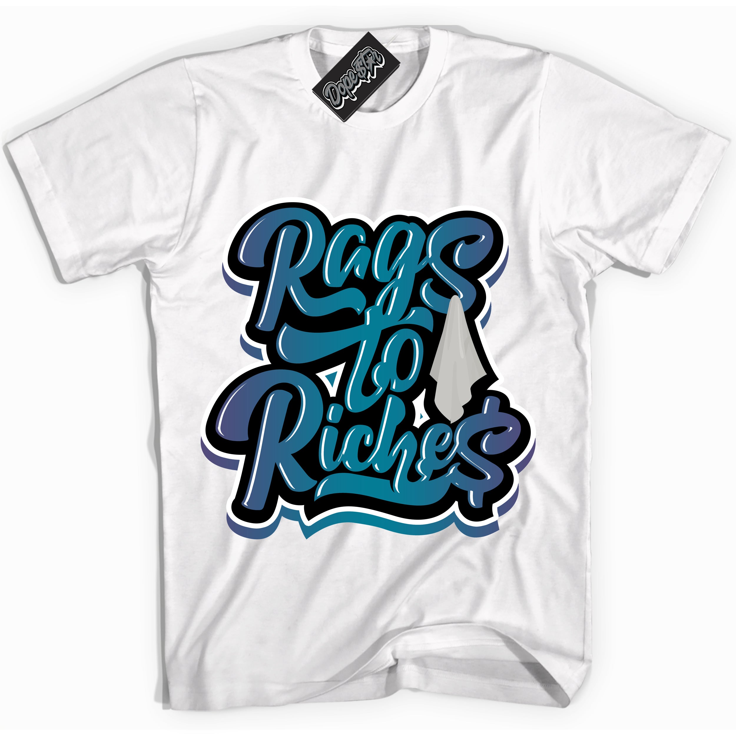 Cool White Shirt with “ Rags To Riches” design that perfectly matches Love Letter 14s Sneakers.