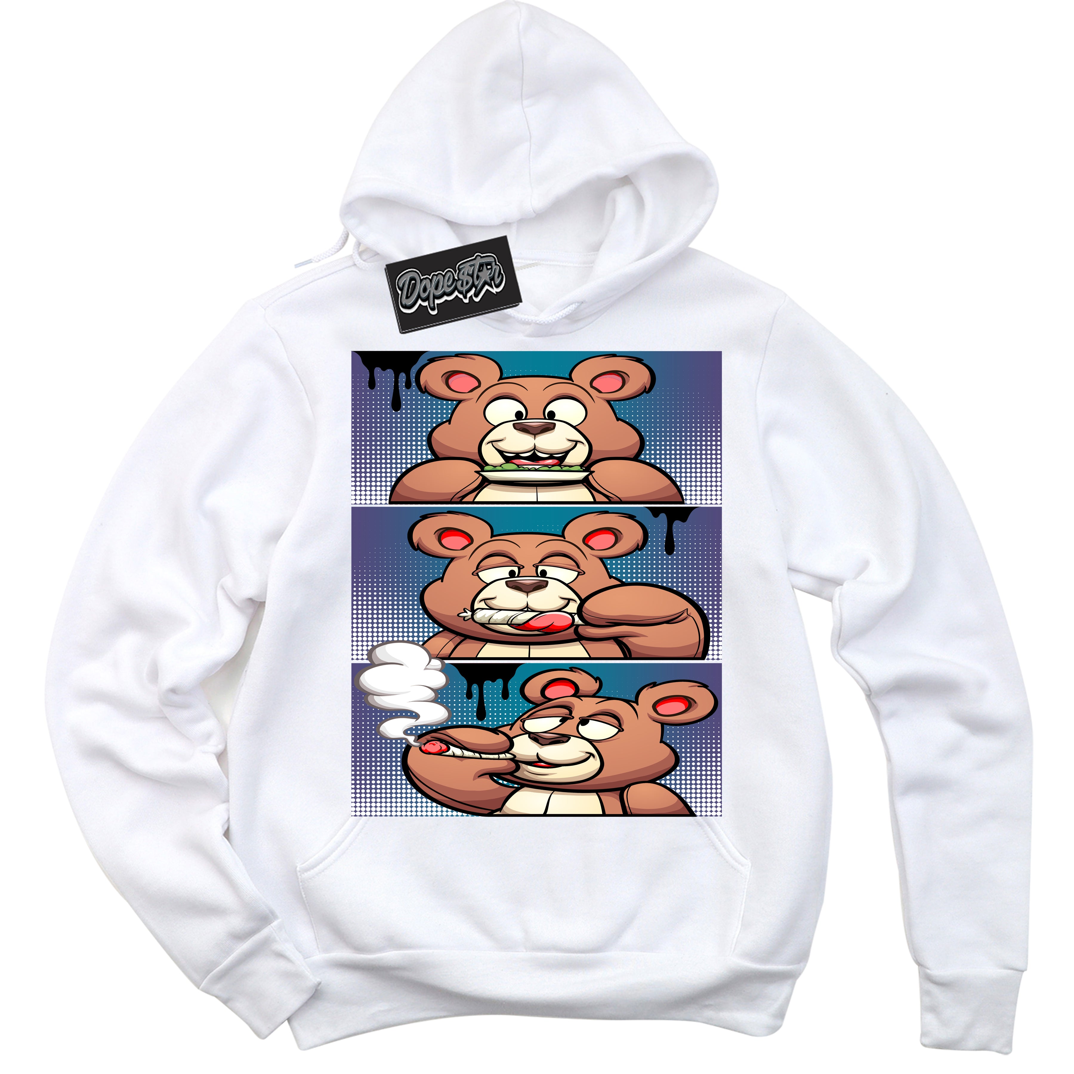 Cool White Hoodie with “ Roll It Lick It Smoke It Bear ”  design that Perfectly Matches Love Letter 14s Sneakers.