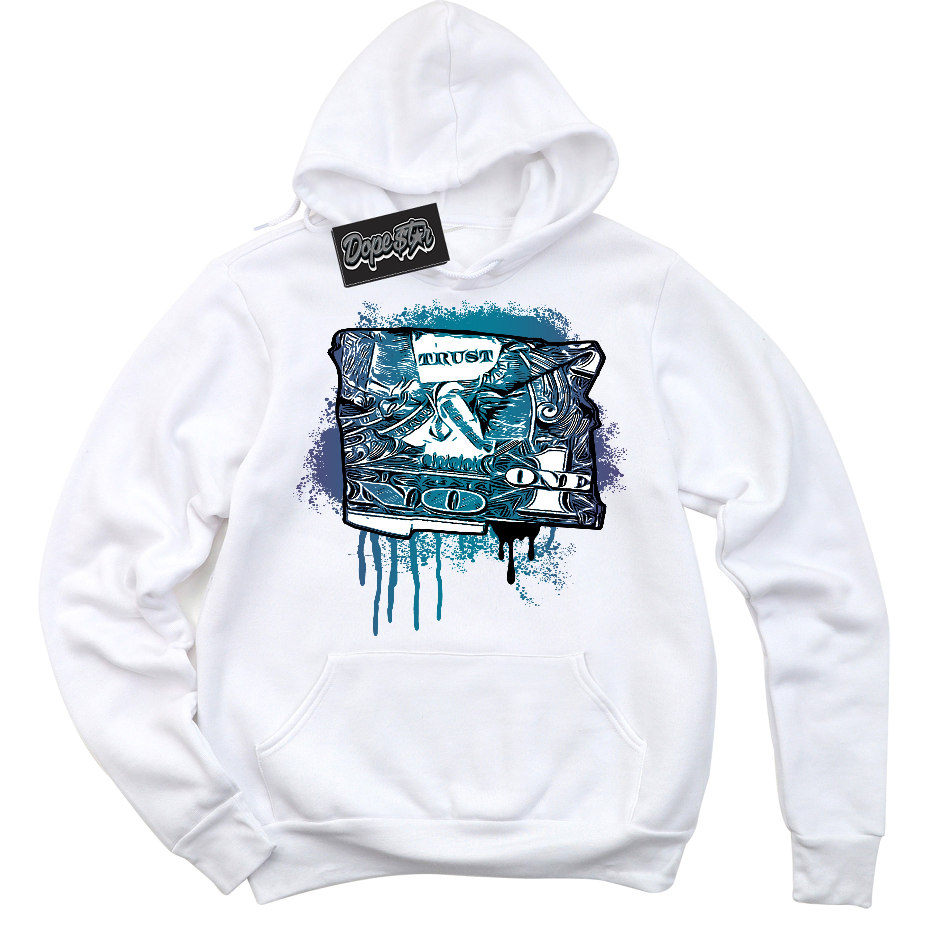 Cool White Hoodie with “ Trust No One Dollar ”  design that Perfectly Matches Love Letter 14s Sneakers.