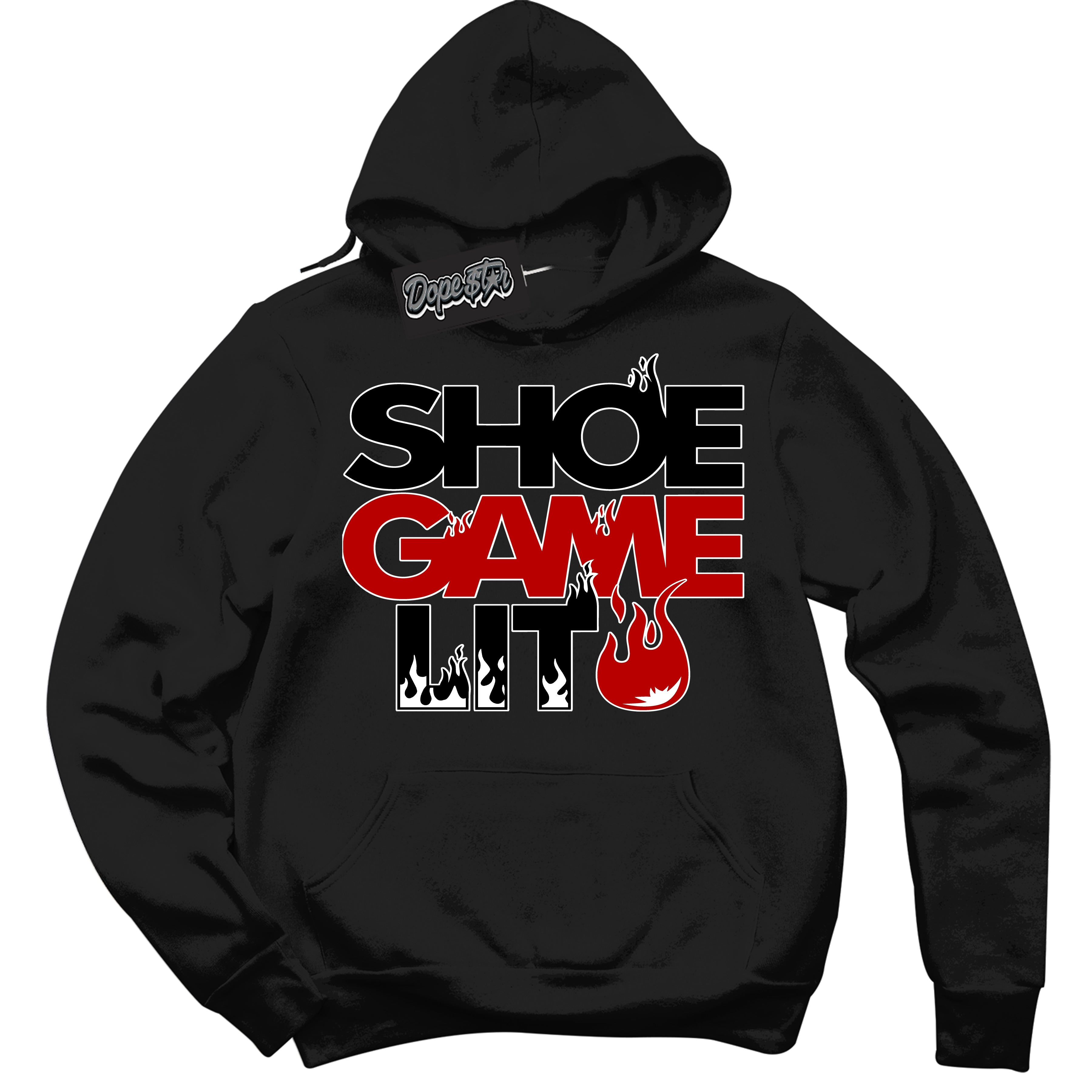 Cool Black Hoodie with “ Shoe Game Lit '' design that Perfectly Matches  Black Gym Red White 1s Sneakers.