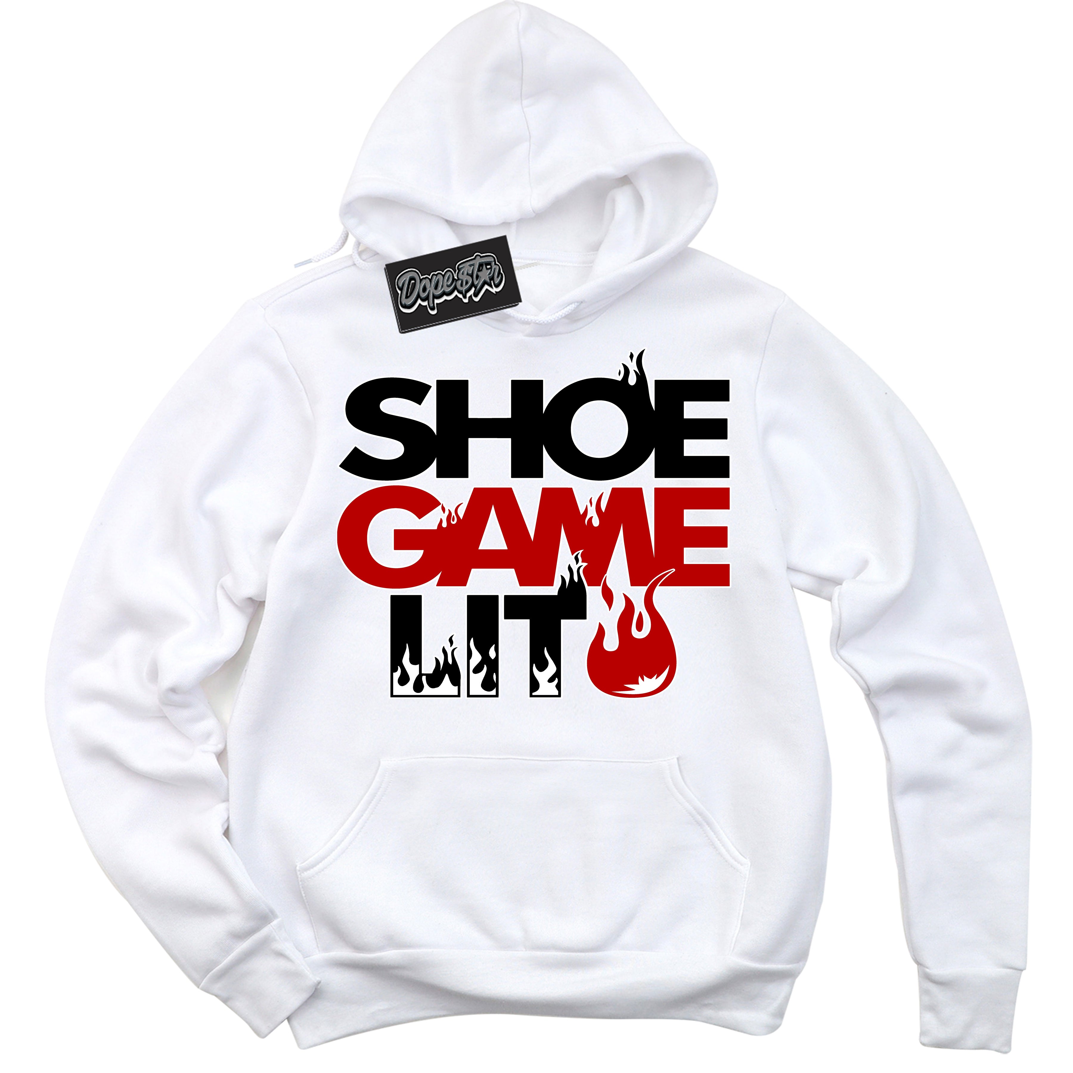 Cool White Hoodie with “ Shoe Game Lit '' design that Perfectly Matches  Black Gym Red White 1s Sneakers.