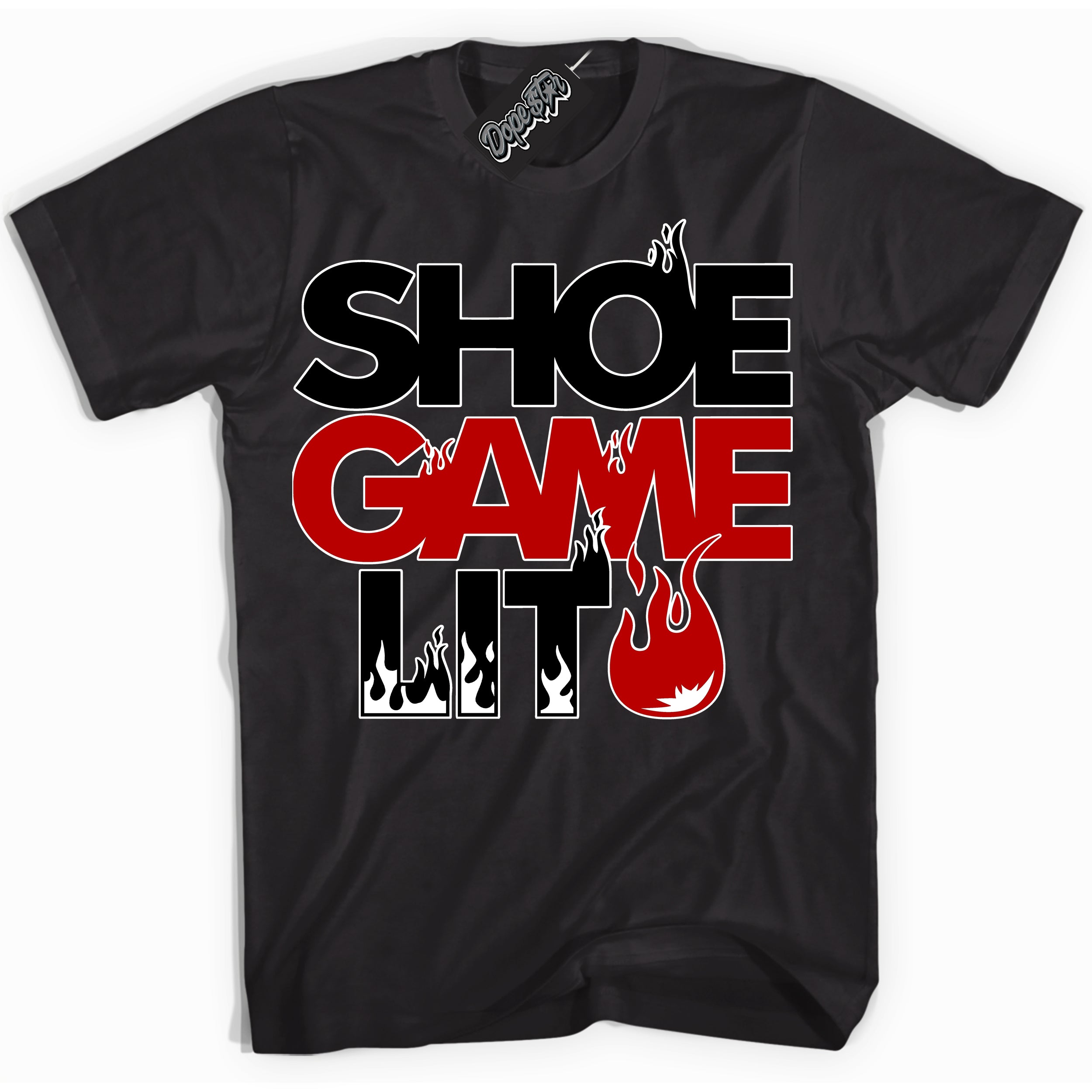 Cool Black Shirt with “ Shoe Game Lit ” design that perfectly matches Black Gym Red White 1s Sneakers.