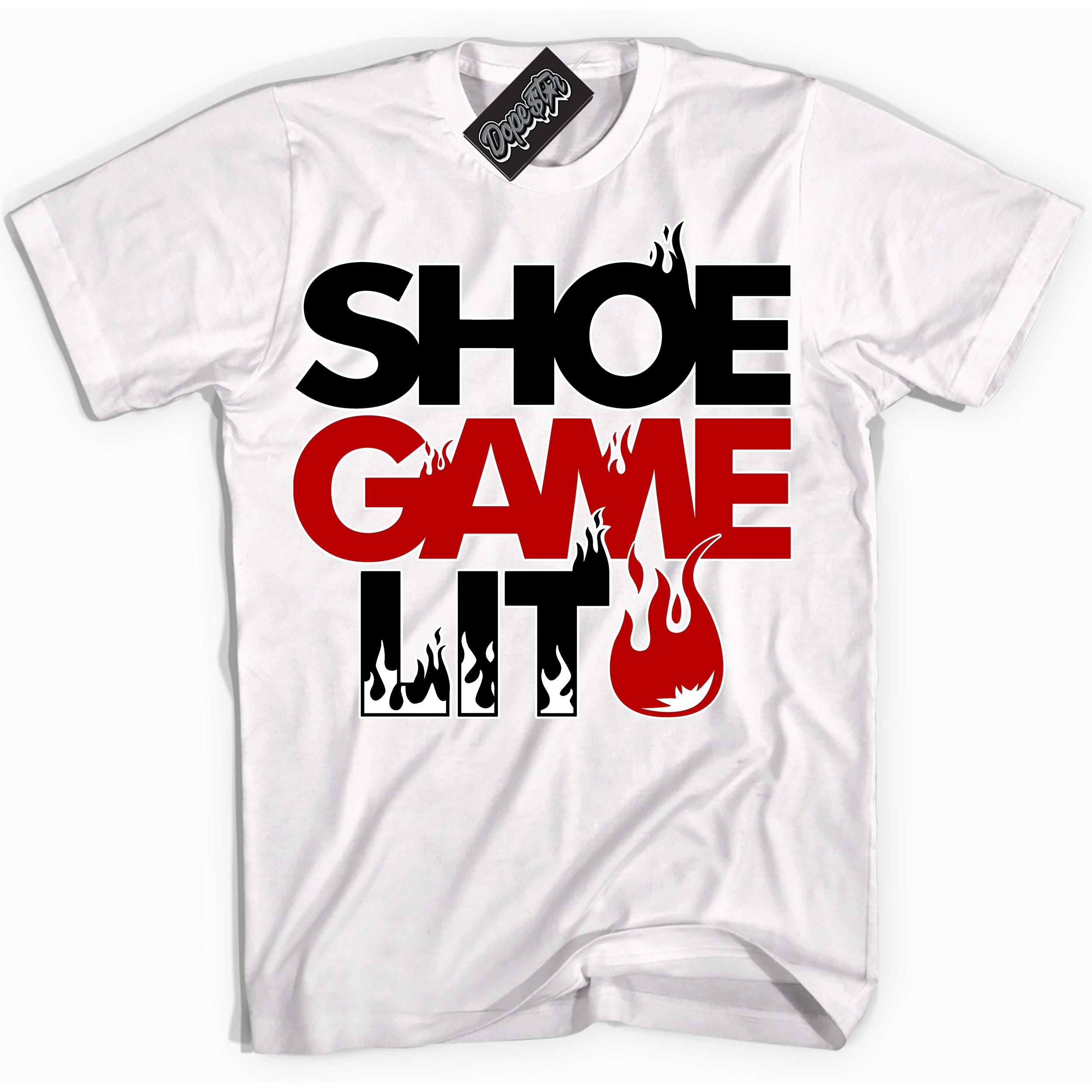 Cool White Shirt with “ Shoe Game Lit ” design that perfectly matches Black Gym Red White 1s Sneakers.