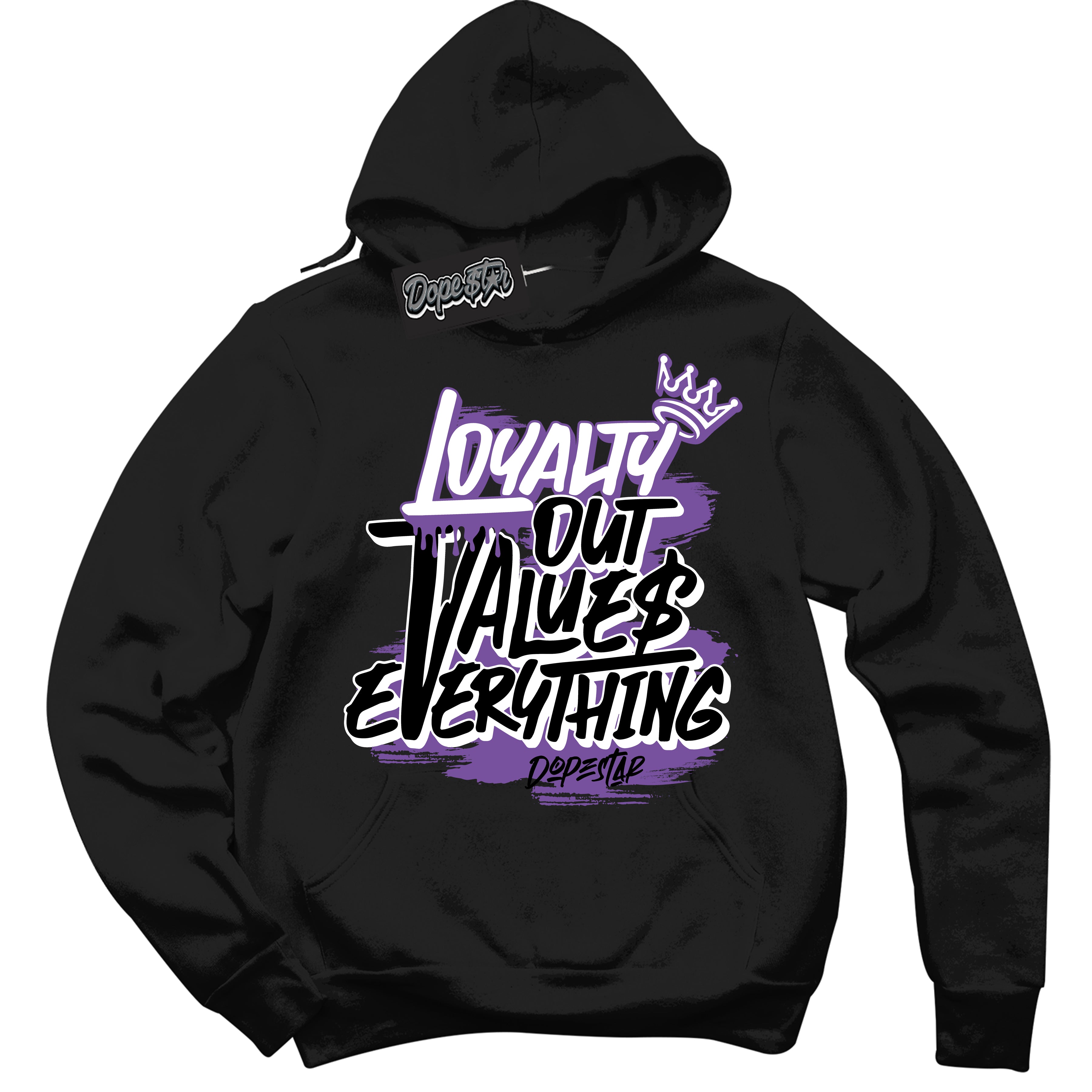 Cool Black Hoodie with “ Loyalty Out Values Everything ”  design that Perfectly Matches  FlyEase Black Bright Violet 1s Sneakers.