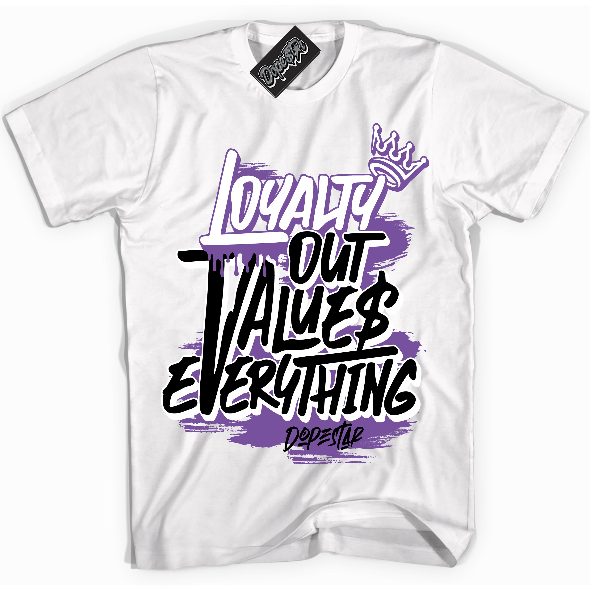 Cool White Shirt with “ Loyalty Out Values Everything” design that perfectly matches FlyEase Black Bright Violet 1s Sneakers.
