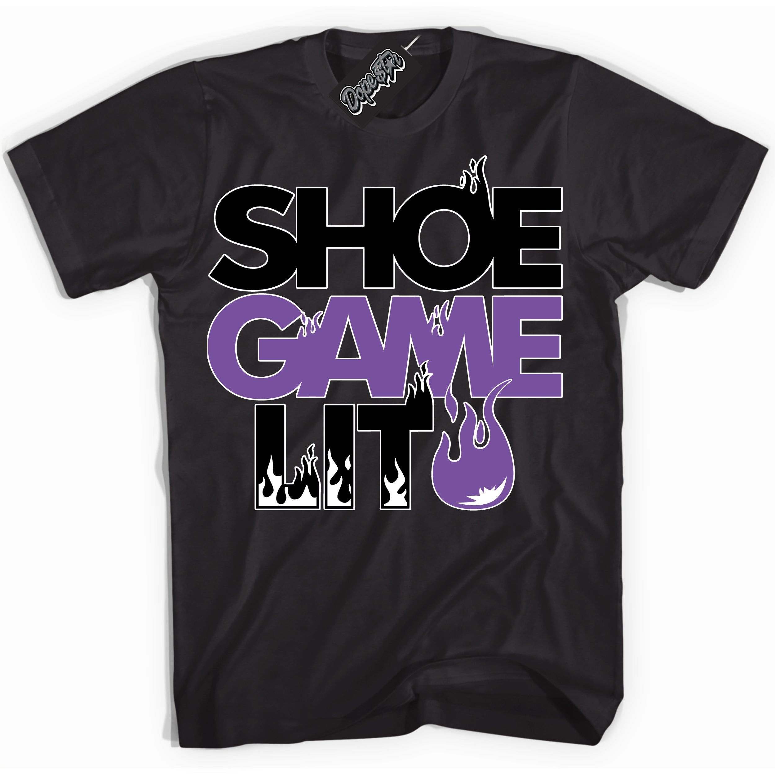 Cool Black Shirt with “ Shoe Game Lit ” design that perfectly matches FlyEase Black Bright Violet 1s Sneakers.