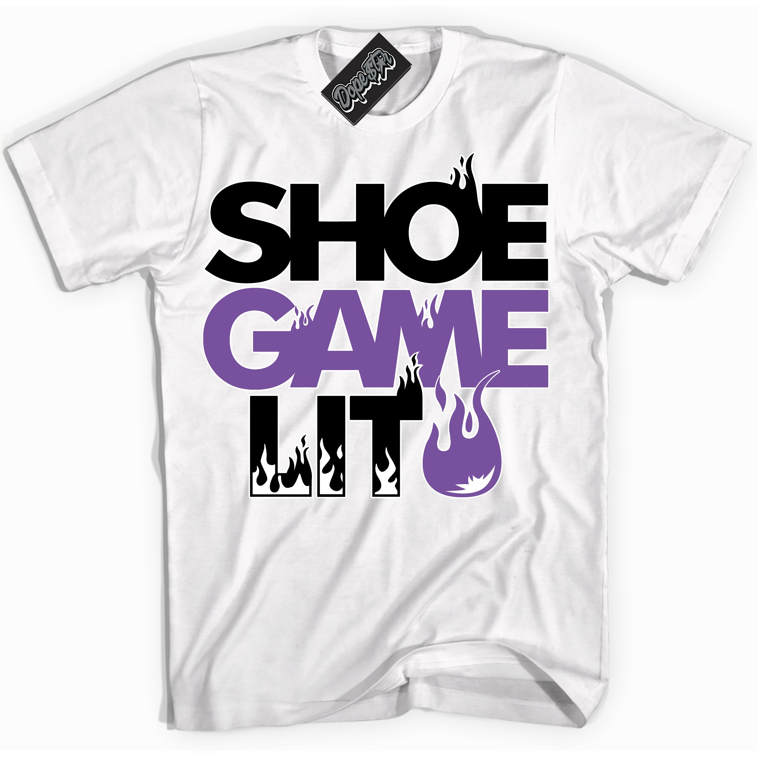 Cool White Shirt with “ Shoe Game Lit ” design that perfectly matches FlyEase Black Bright Violet 1s Sneakers.