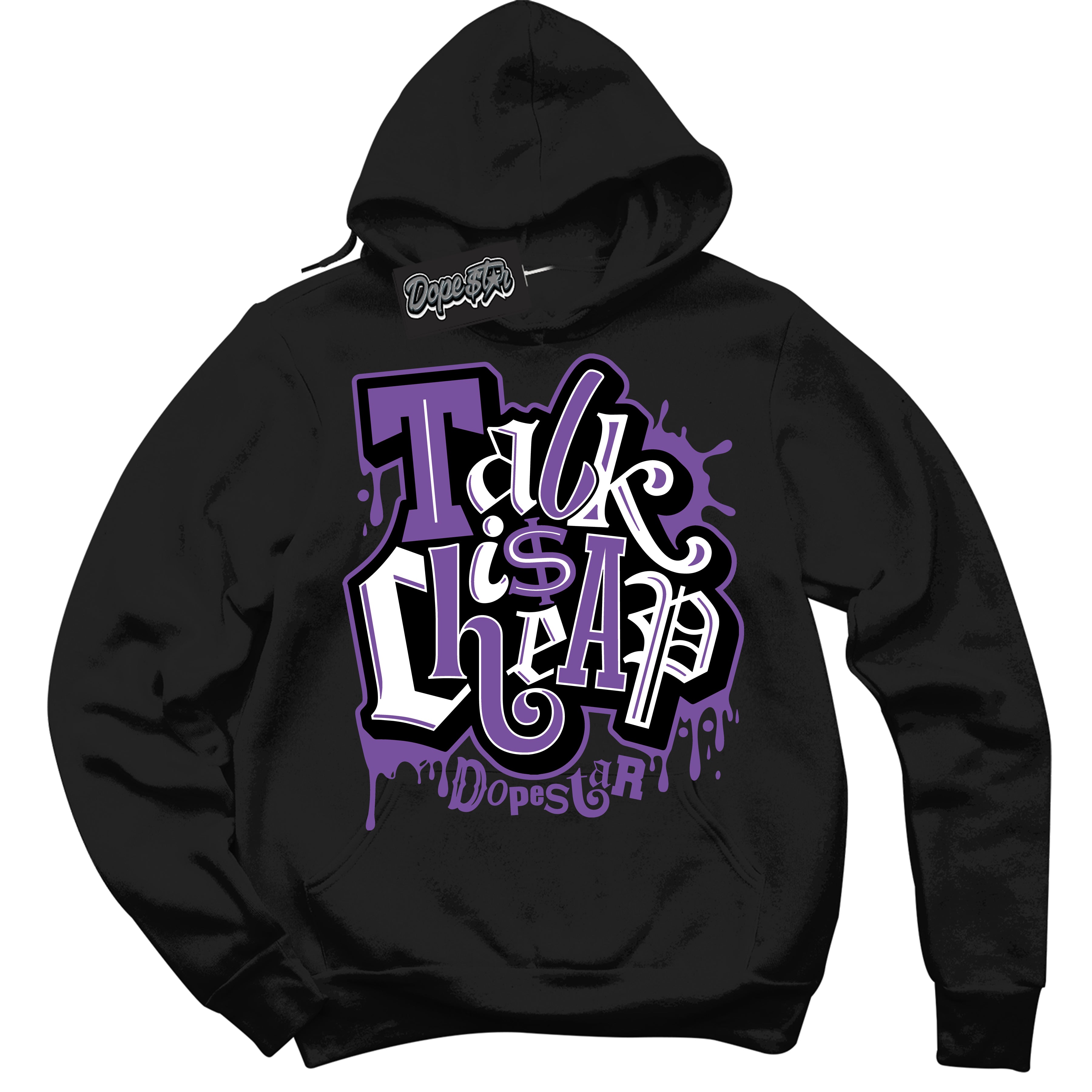 Cool Black Hoodie with “ Talk Is Cheap ”  design that Perfectly Matches FlyEase Black Bright Violet 1s Sneakers.