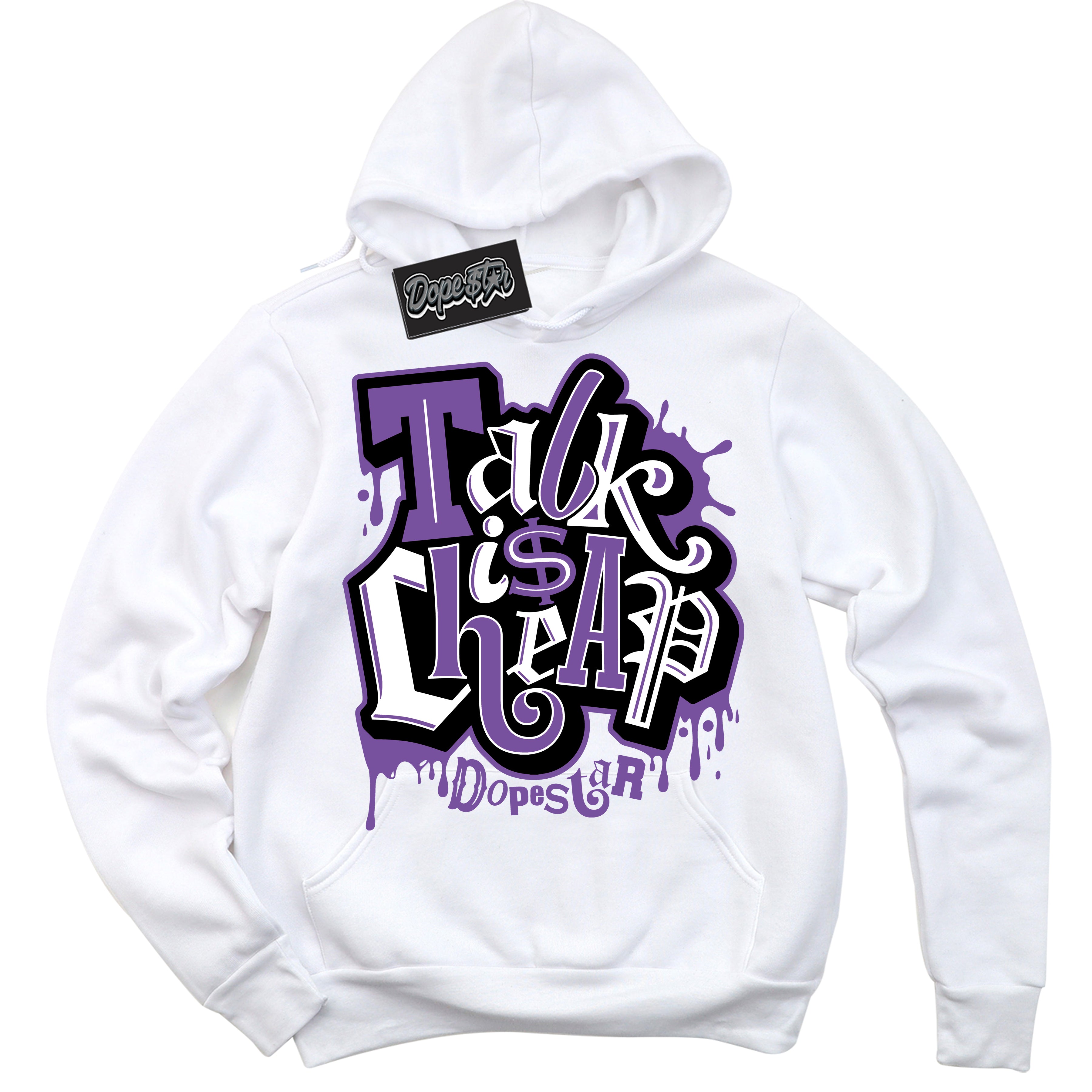 Cool White Hoodie with “ Talk Is Cheap ”  design that Perfectly Matches FlyEase Black Bright Violet 1s Sneakers.