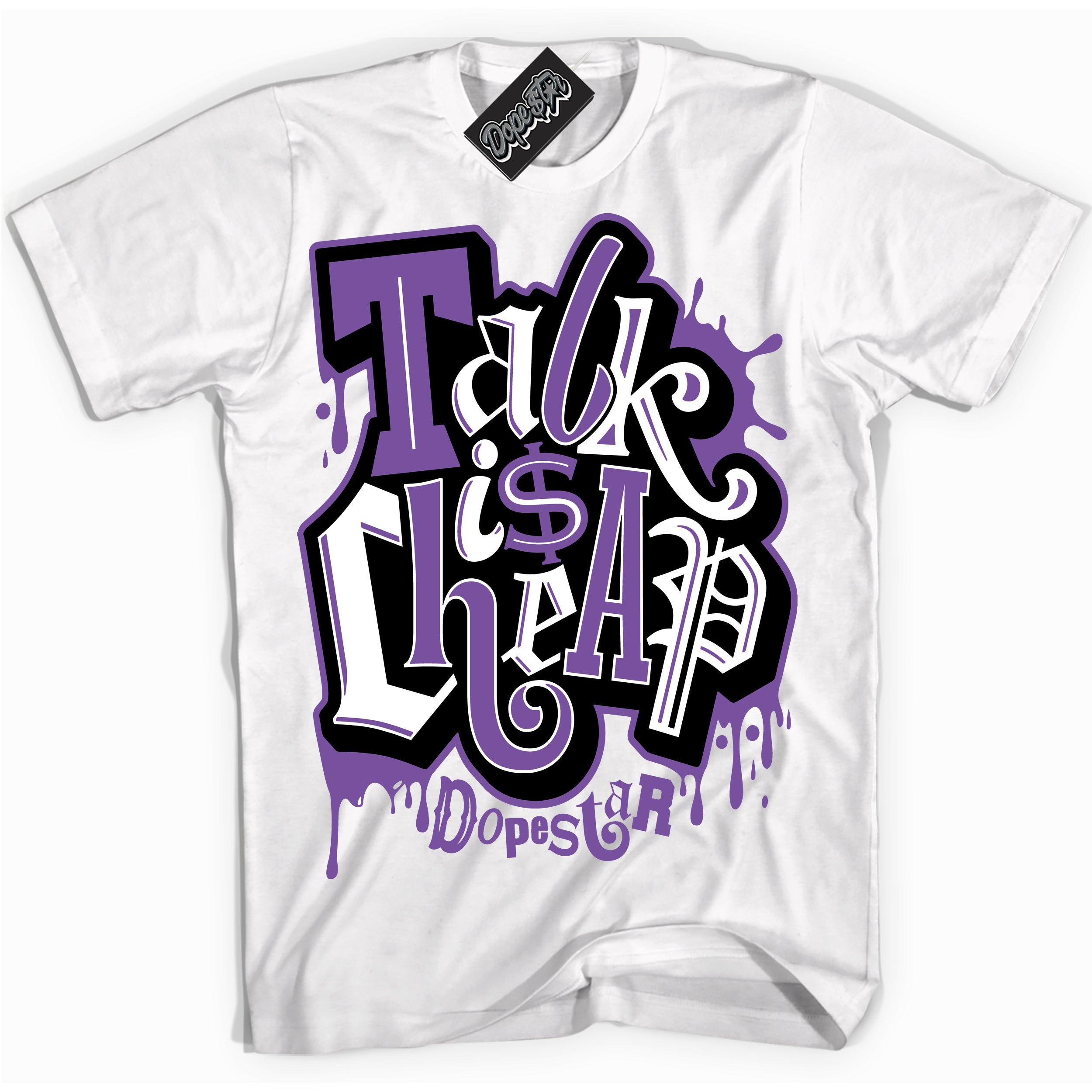 Cool White Shirt with “ Talk Is Cheap” design that perfectly matches FlyEase Black Bright Violet 1s Sneakers.