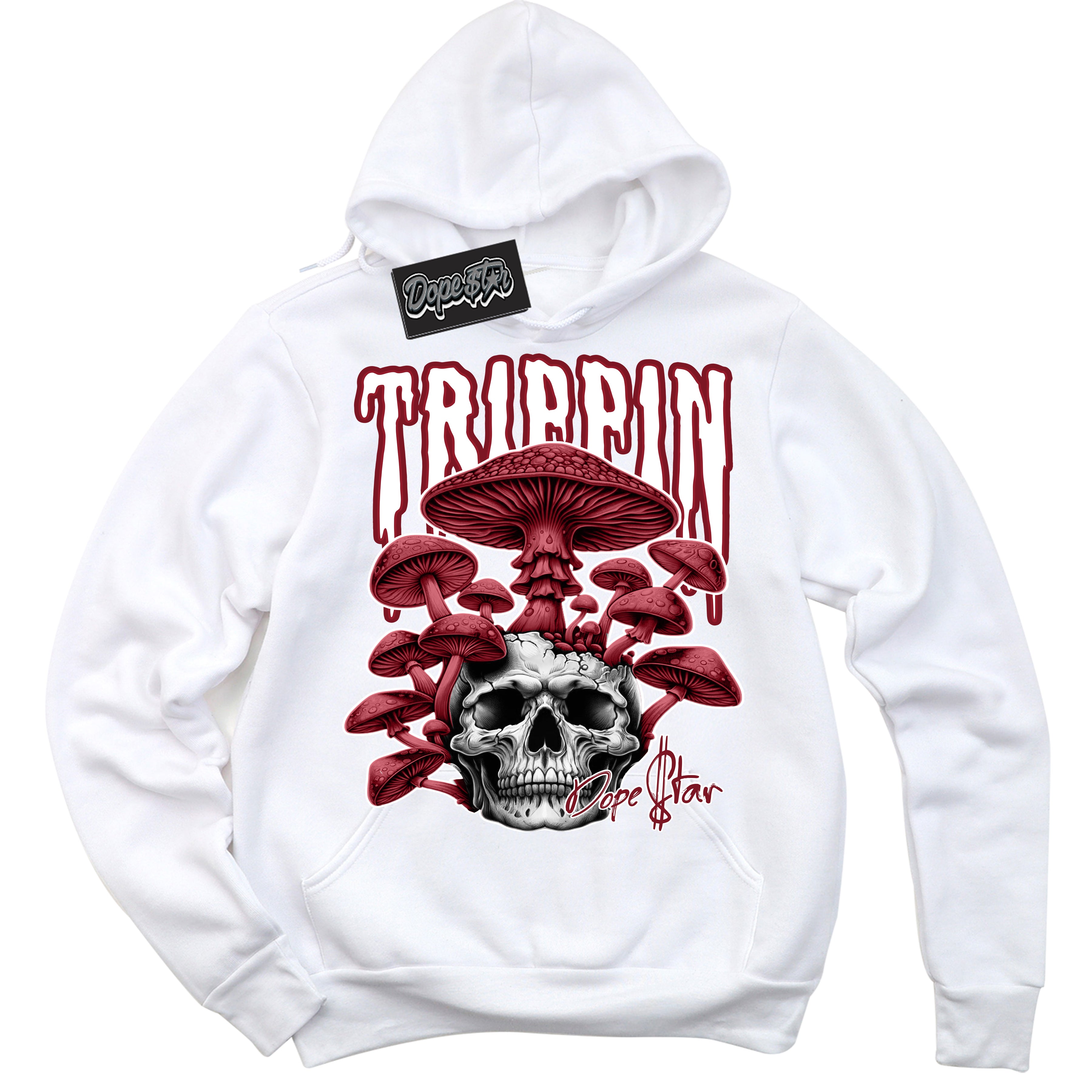 Cool White Hoodie with “Trippin” design that Perfectly Matches Metallic Burgundy 1s Sneakers.