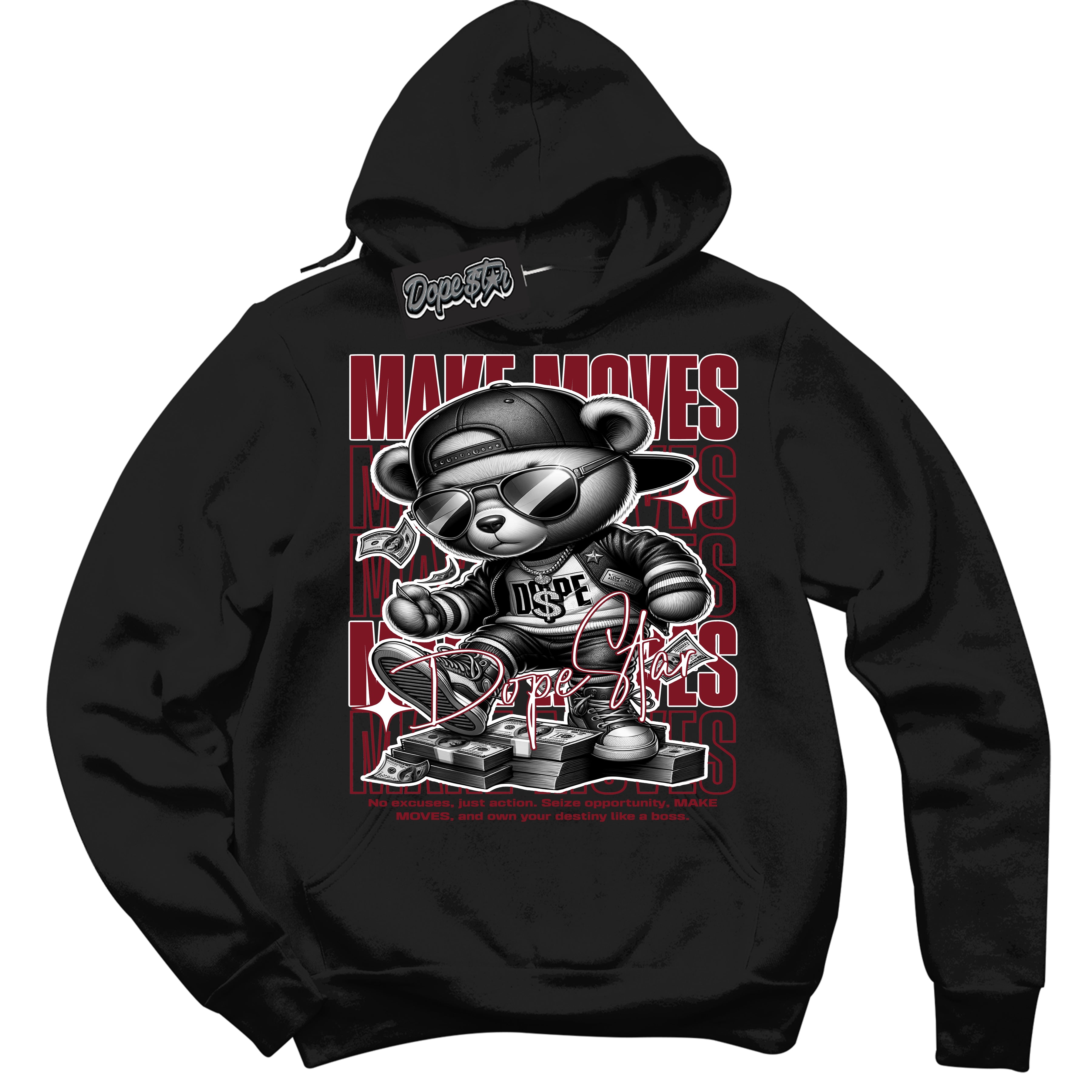 Cool Black Hoodie with “ Makin Moves ”  design that Perfectly Matches Metallic Burgundy 1s Sneakers.