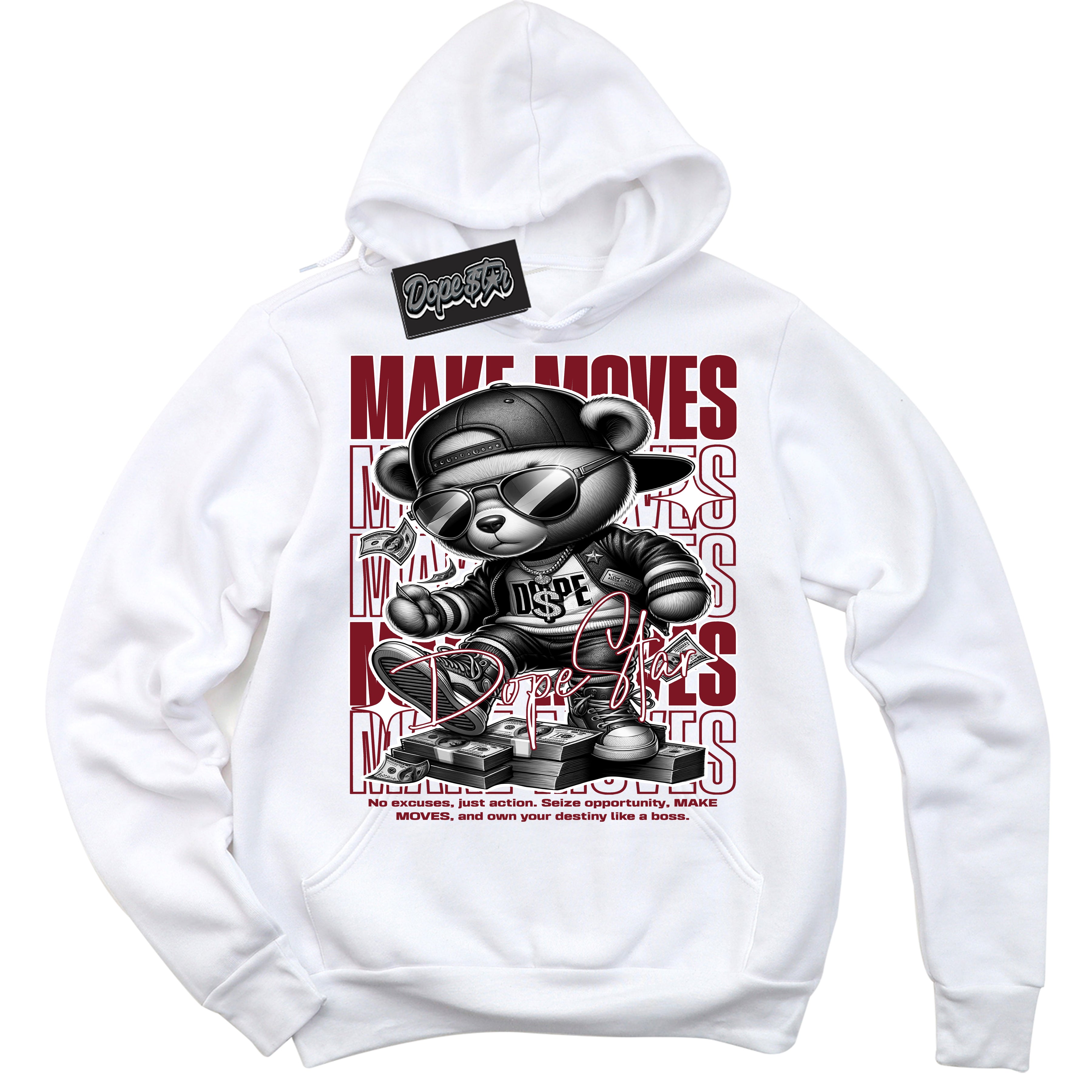 Cool White Hoodie with “ Makin Moves ”  design that Perfectly Matches Metallic Burgundy 1s Sneakers.