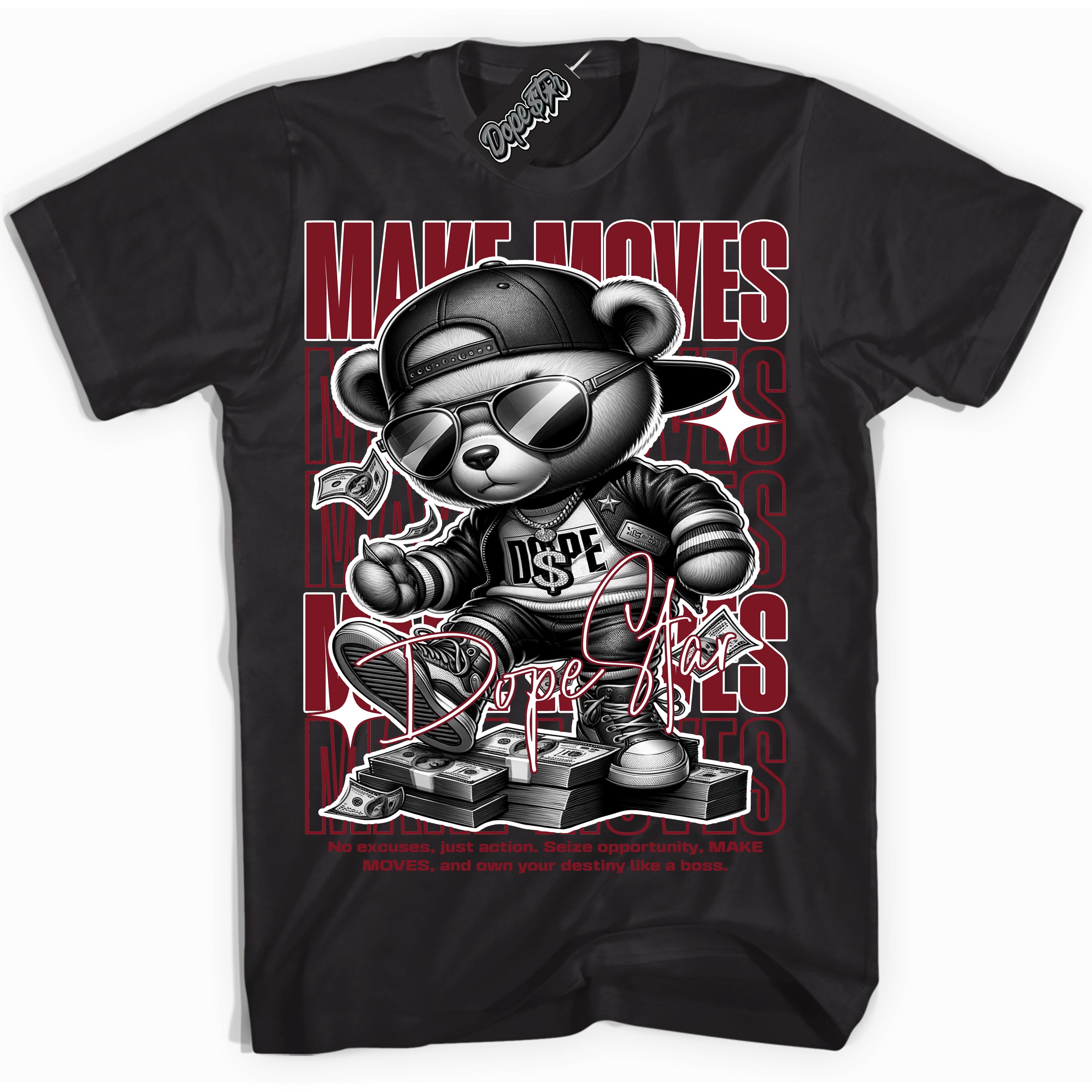 Cool Black Shirt with “ Makin Moves” design that perfectly matches Metallic Burgundy 1s Sneakers.