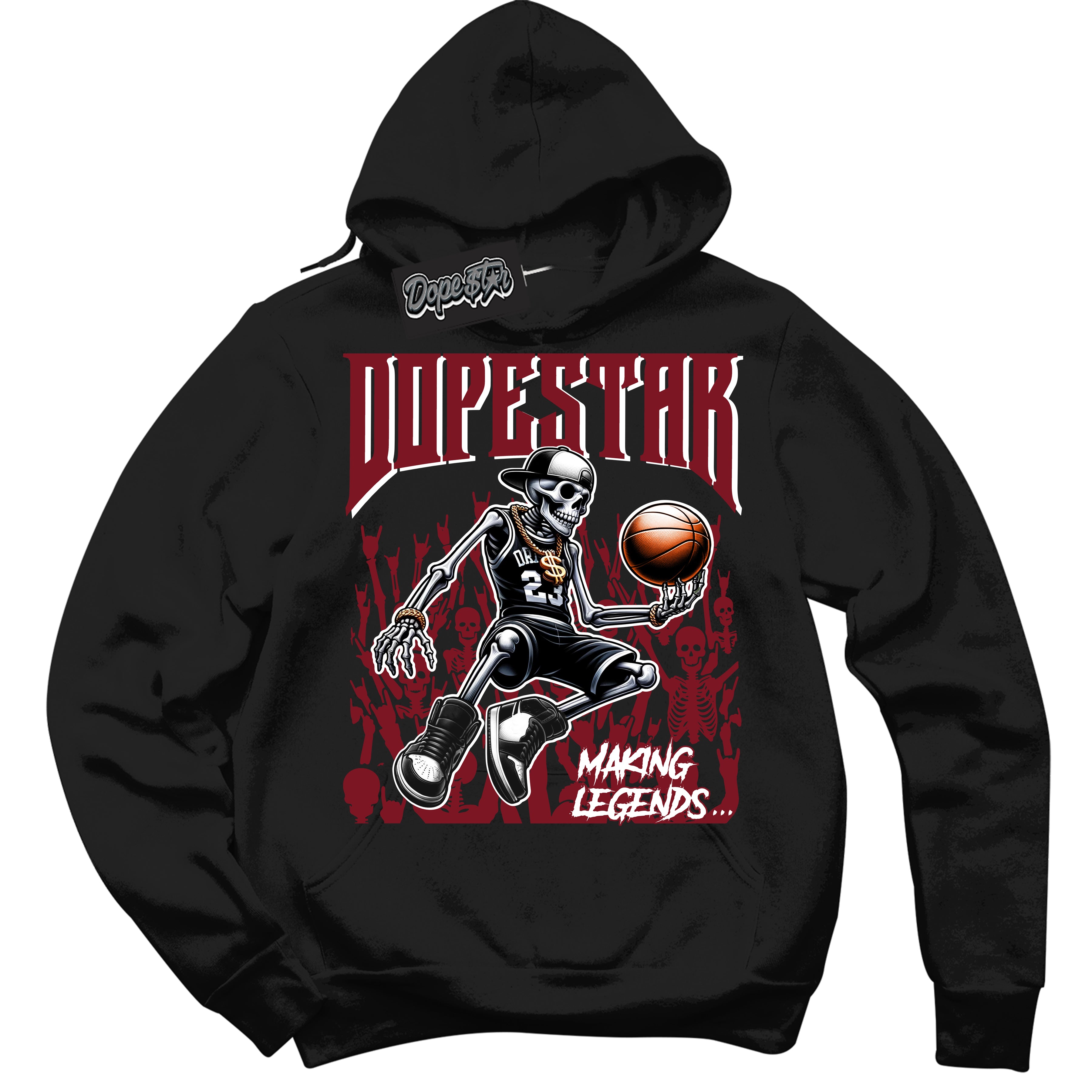 Cool Black Hoodie with “ Making Legends ”  design that Perfectly Matches Metallic Burgundy 1s Sneakers.