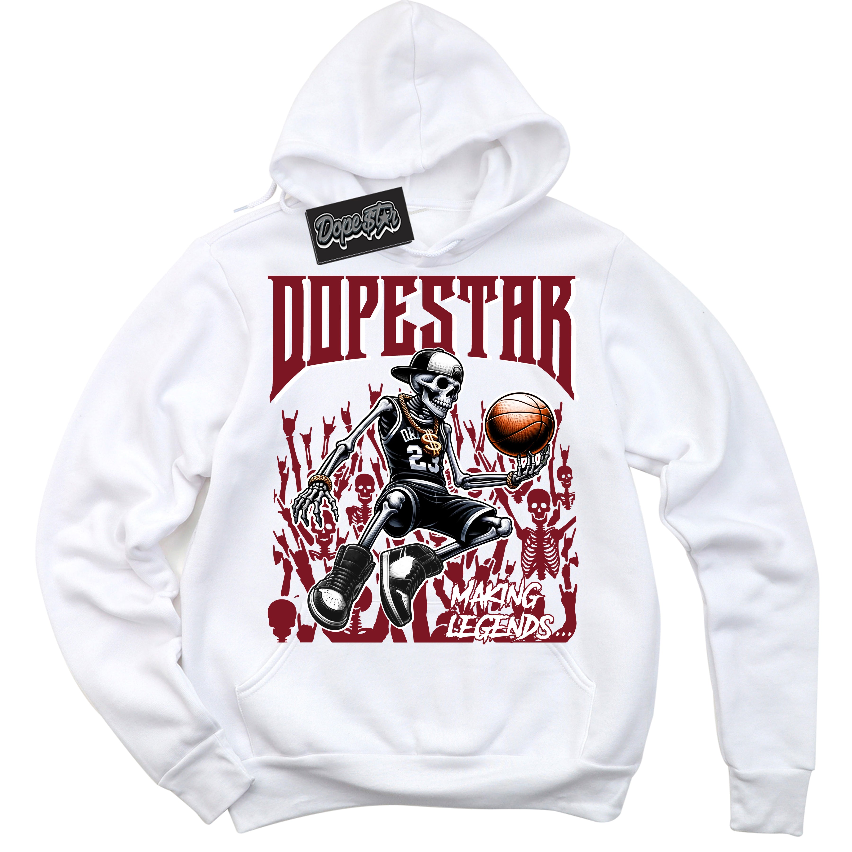 Cool White Hoodie with “ Making Legends ”  design that Perfectly Matches Metallic Burgundy 1s Sneakers.