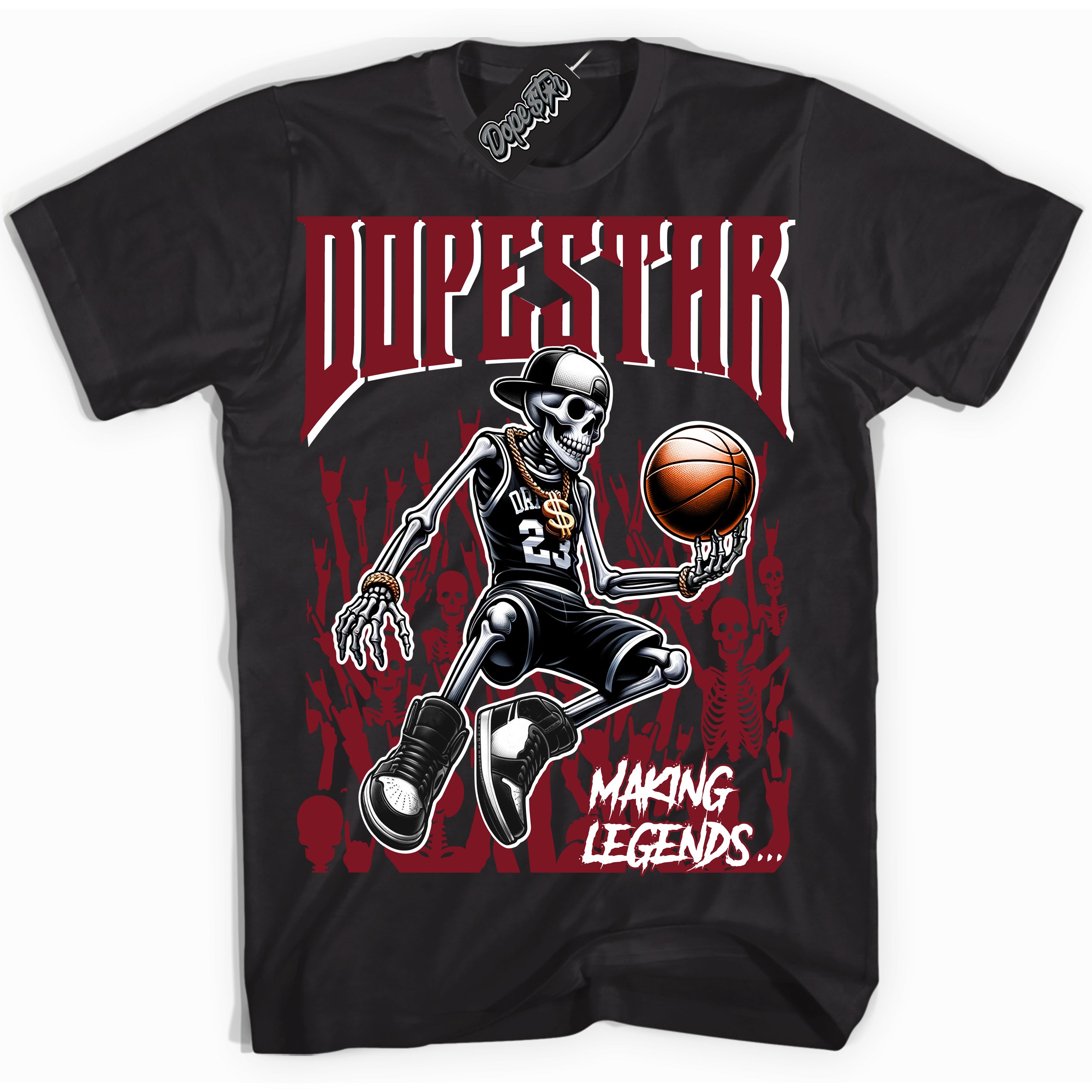 Cool Black Shirt with “ Making Legends ” design that perfectly matches Metallic Burgundy 1s Sneakers.