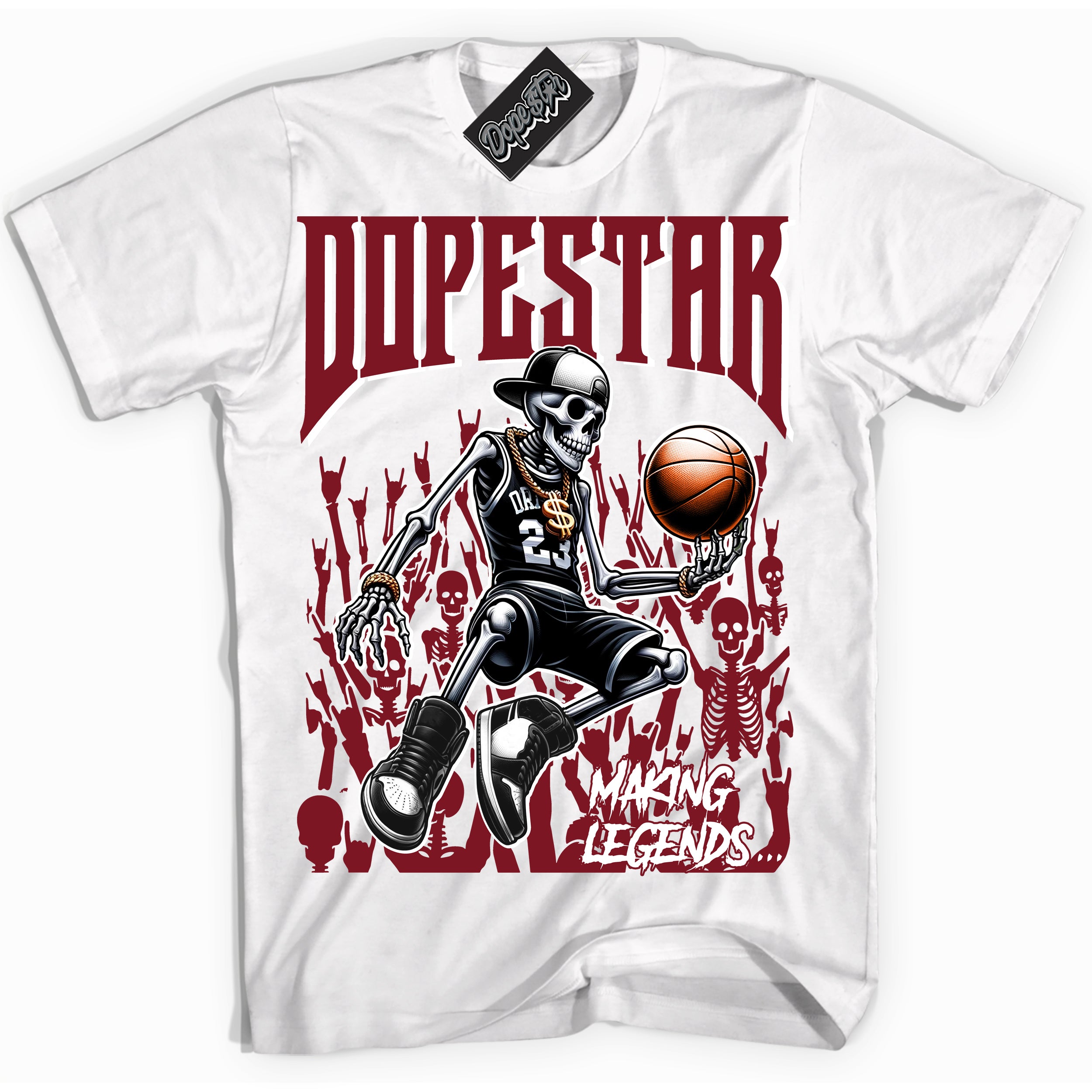 Cool White Shirt with “ Making Legends ” design that perfectly matches Metallic Burgundy 1s Sneakers.