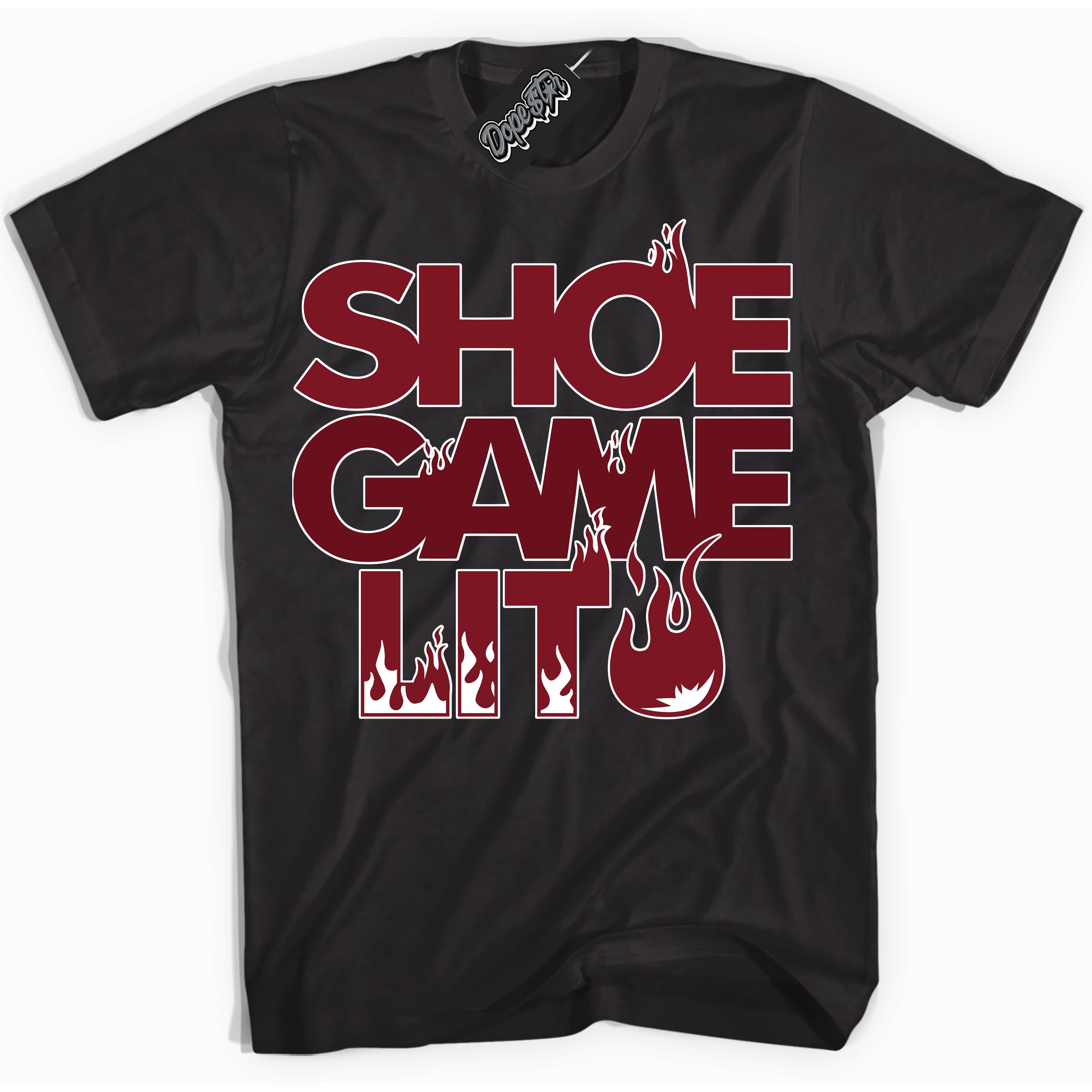 Cool Black Shirt with “ Shoe Game Lit ” design that perfectly matches Metallic Burgundy 1s Sneakers.