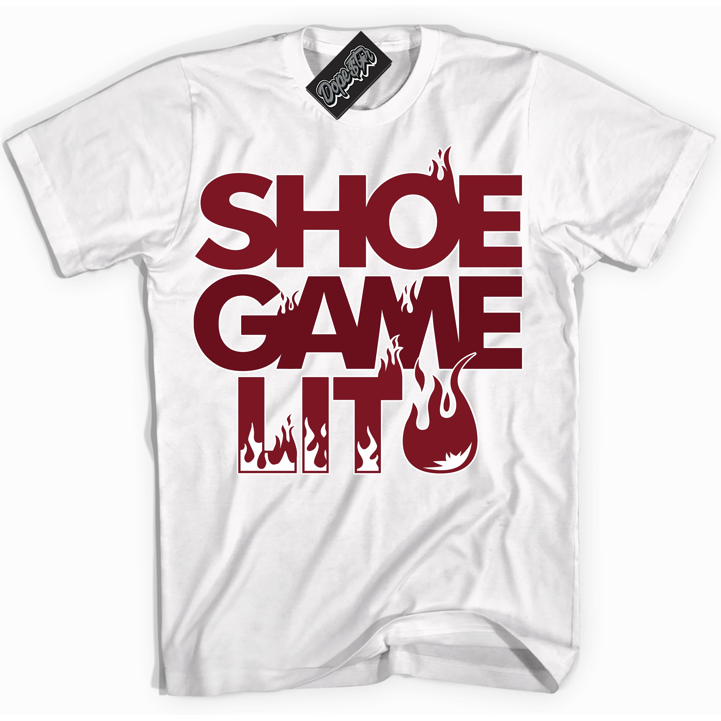 Cool White Shirt with “ Shoe Game Lit ” design that perfectly matches Metallic Burgundy 1s Sneakers.