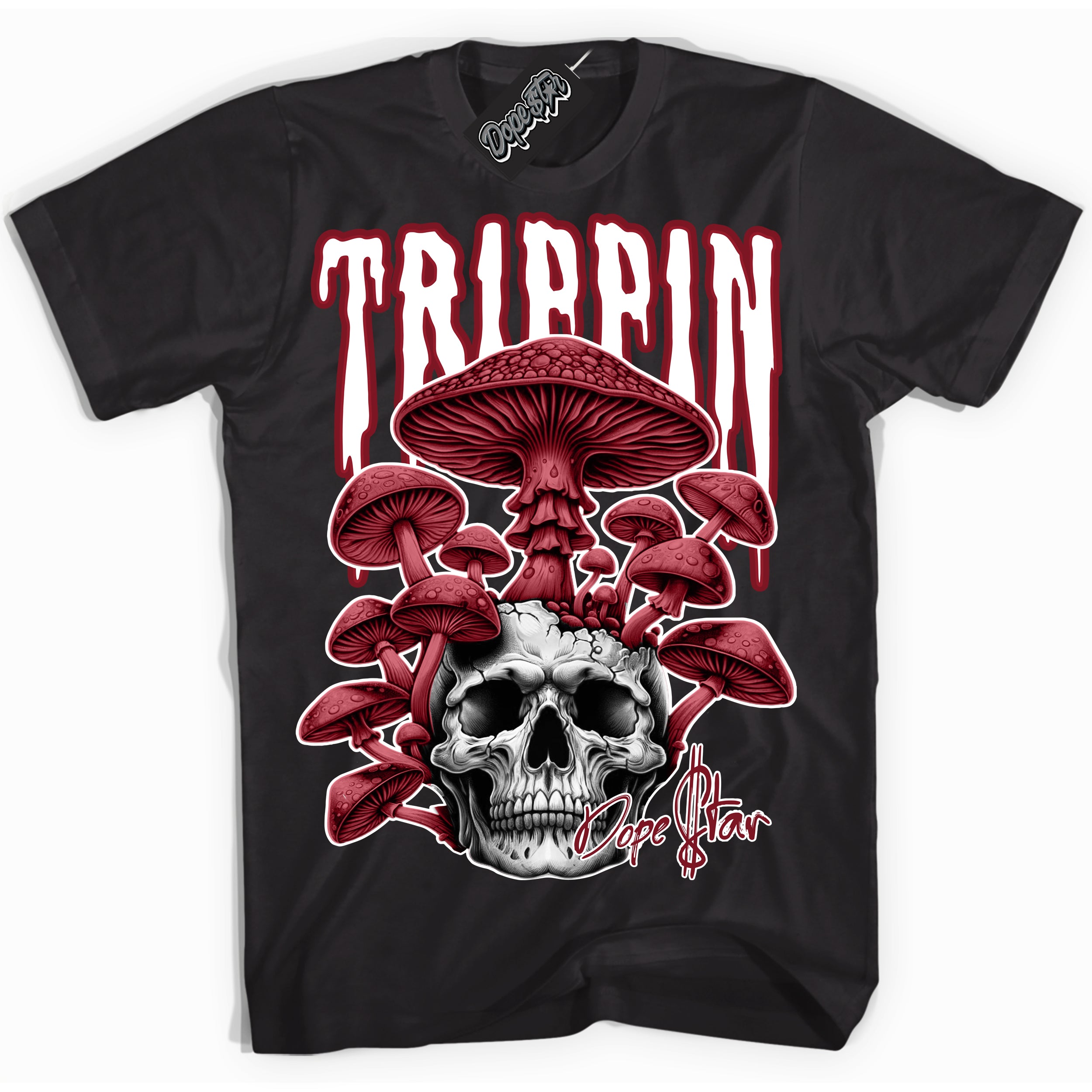 Cool Black Shirt with “Trippin” design that perfectly matches the Metallic Burgundy 1s Sneakers.