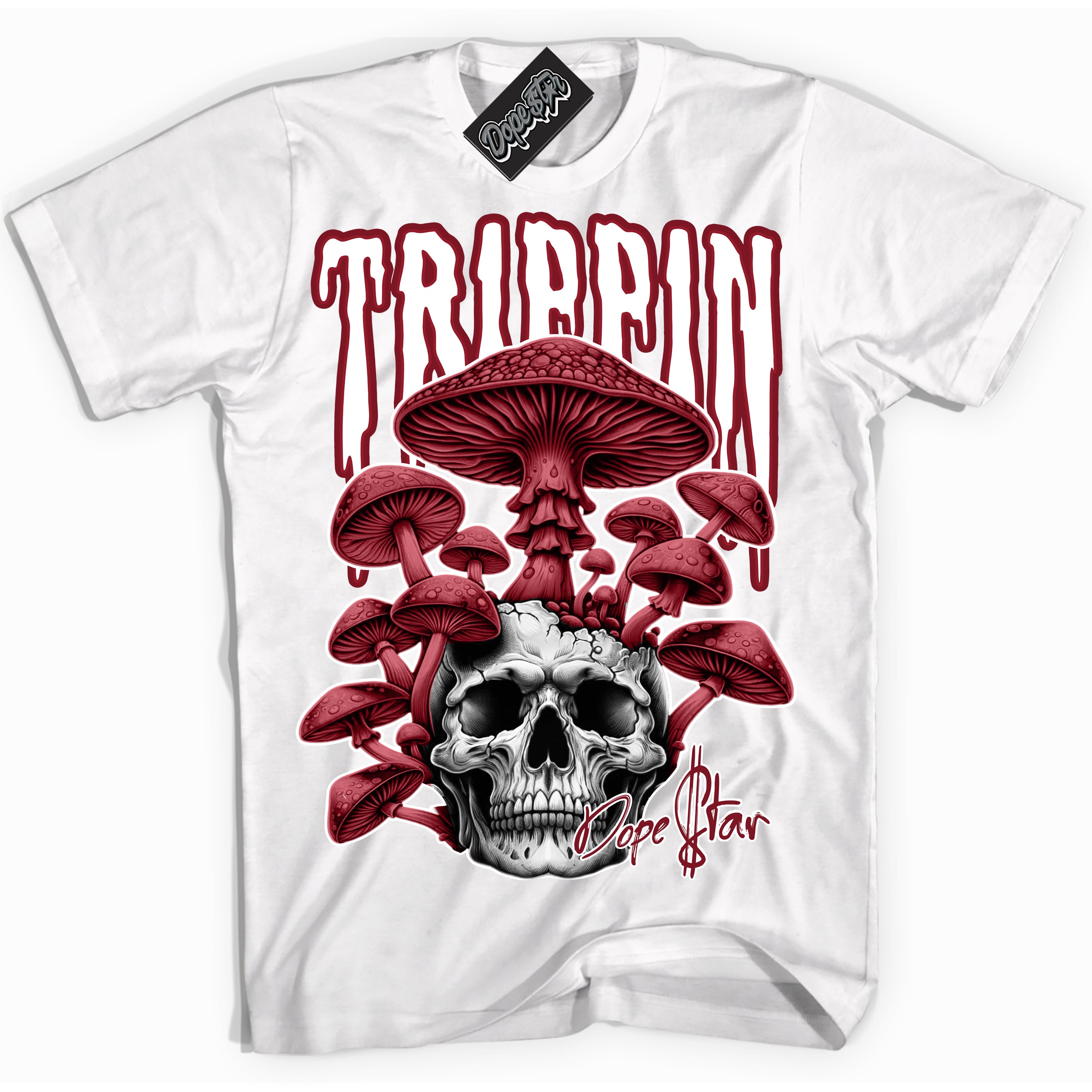 Cool White Shirt with “Trippin” design that perfectly matches the Metallic Burgundy 1s Sneakers.