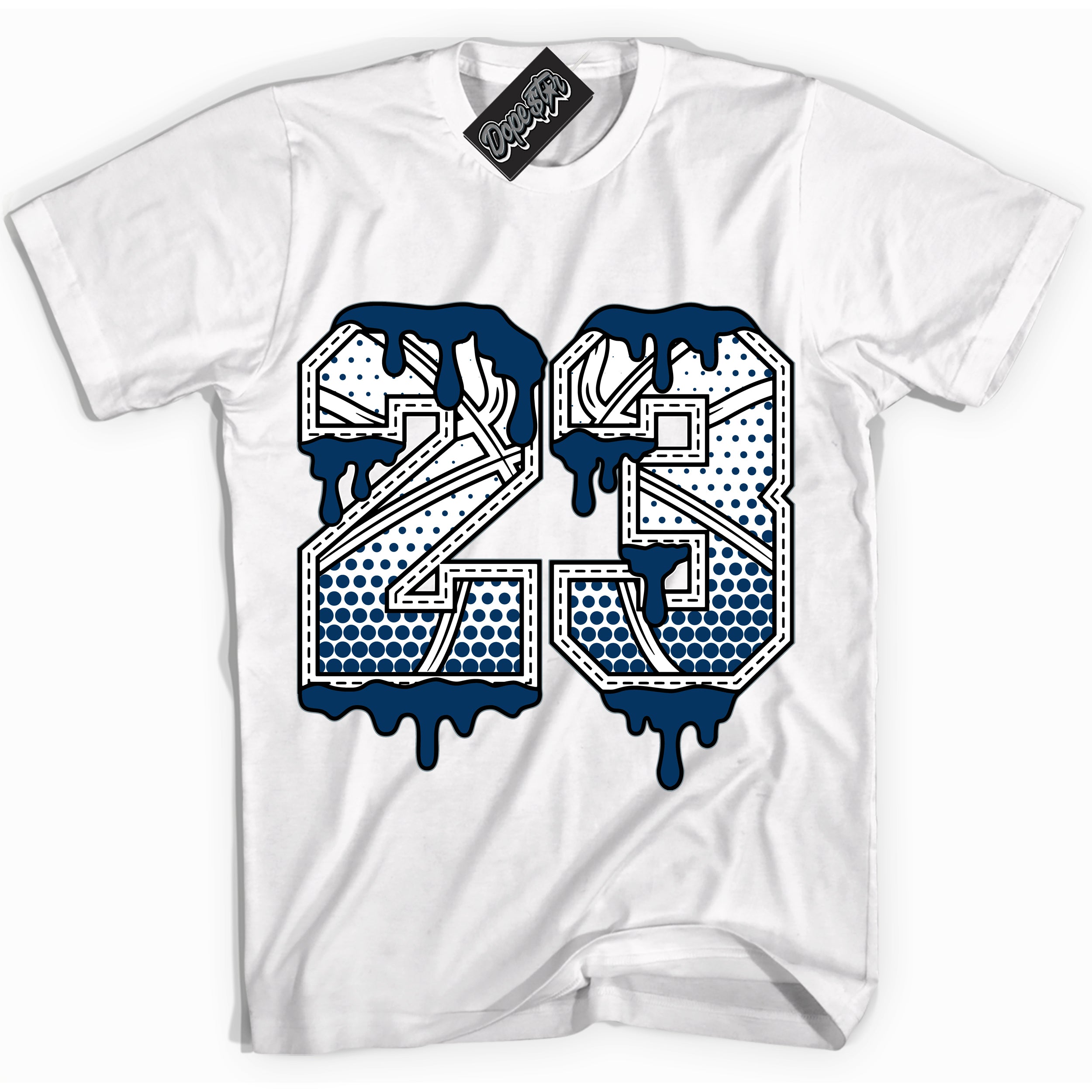 Cool White Shirt with “23 Ball” design that perfectly matches the Midnight Navy 1s Jordans.