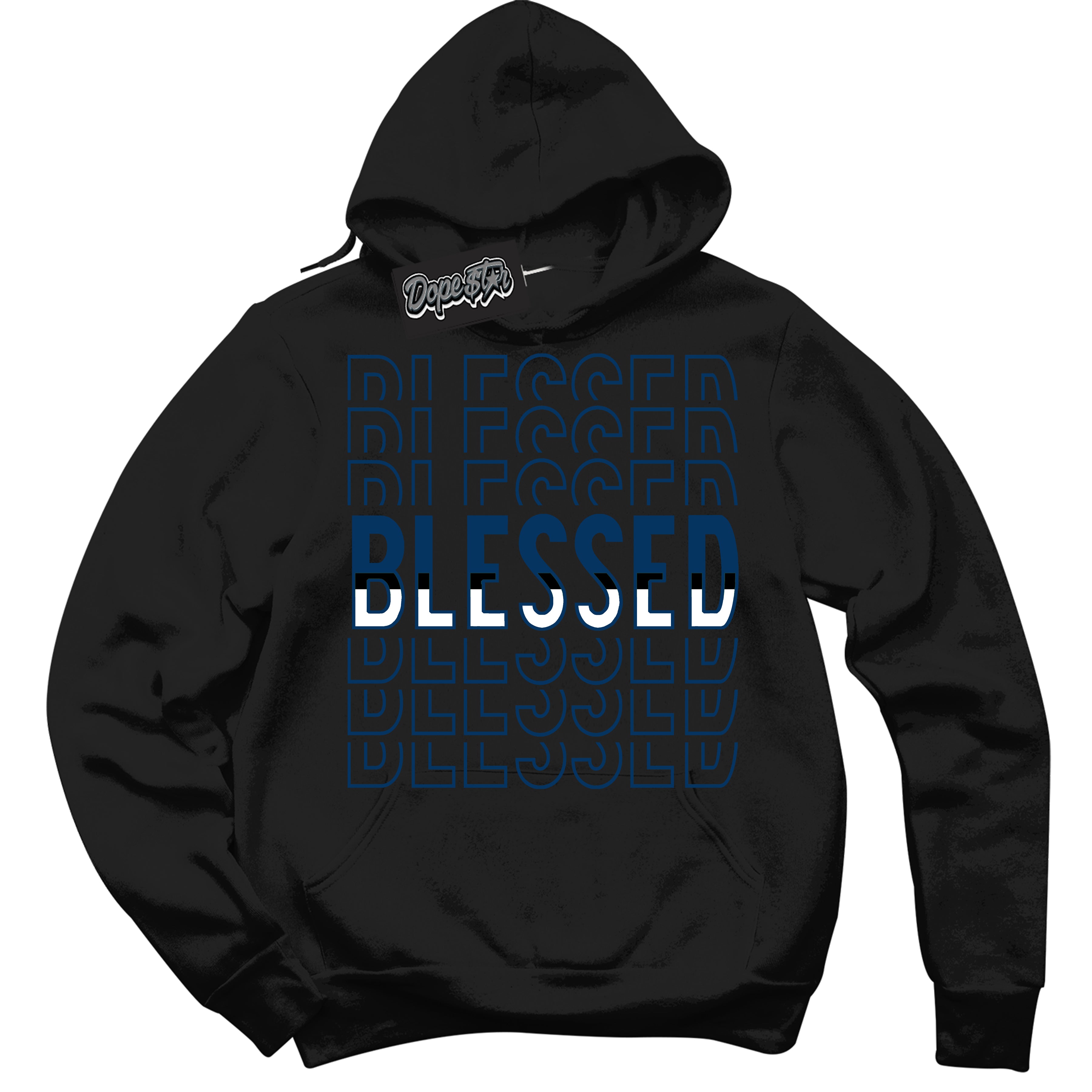 Cool Black Hoodie with “Blessed Stacked” design that Perfectly Matches Midnight Navy 1s Jordans.