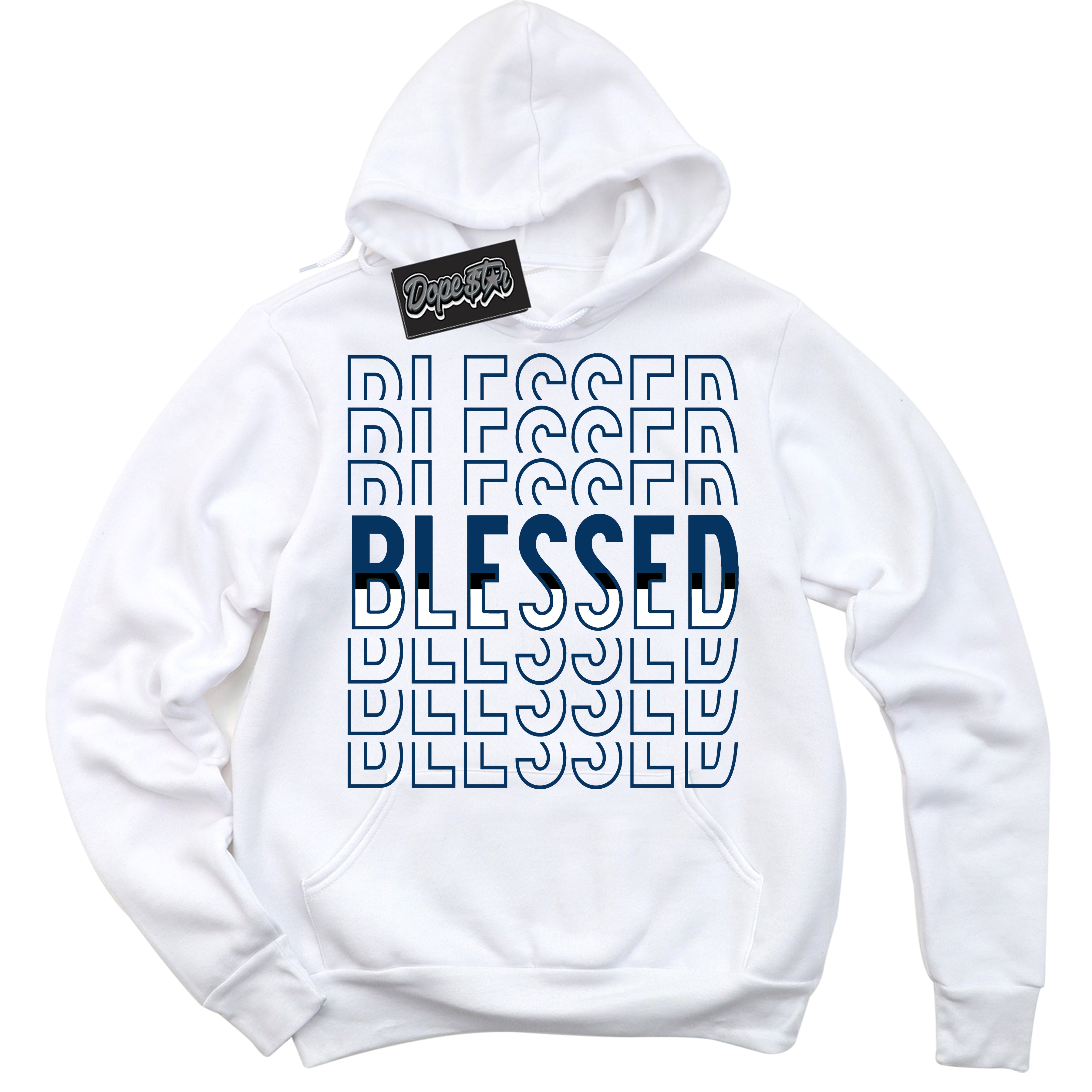 Cool White Hoodie with “Blessed Stacked” design that Perfectly Matches Midnight Navy 1s Jordans.