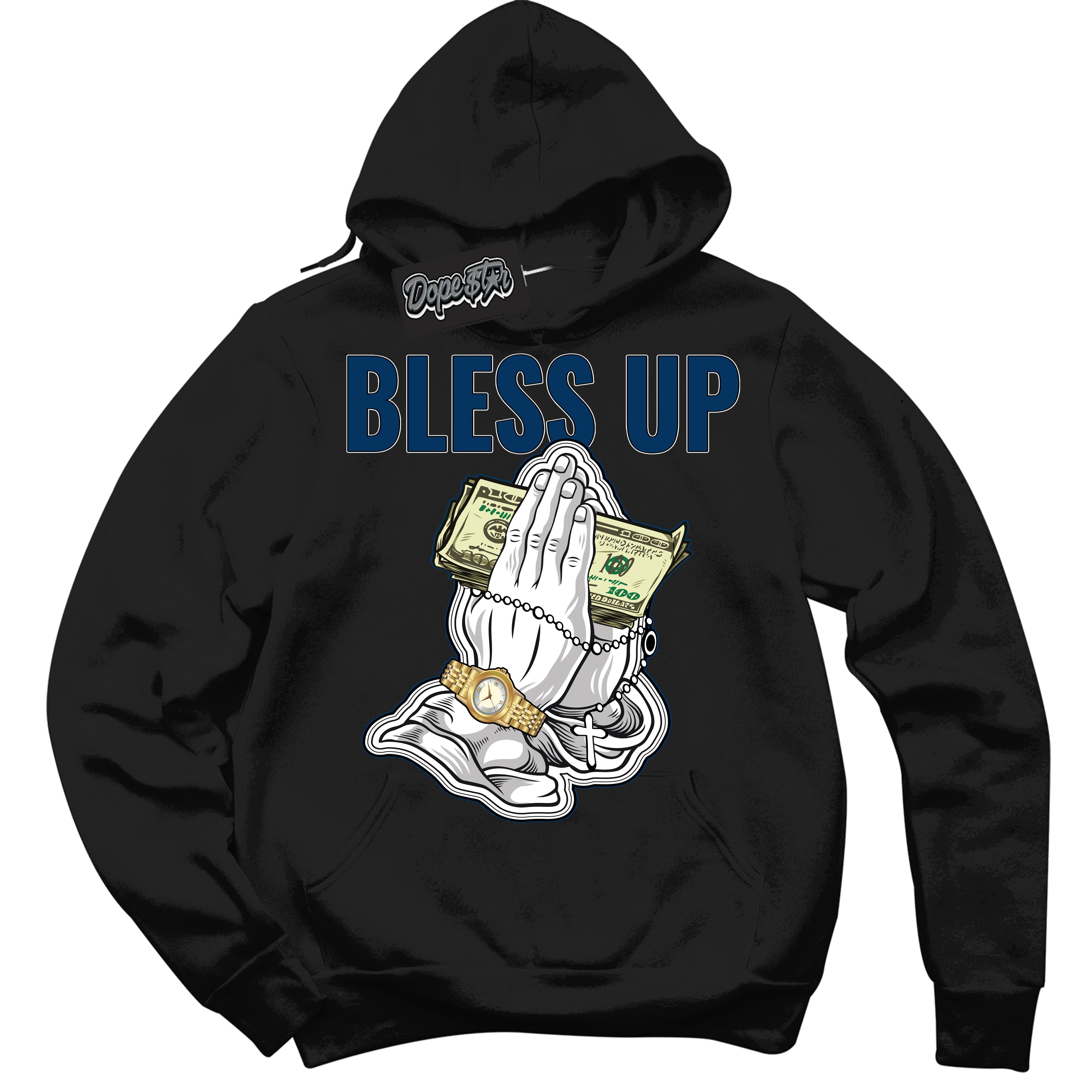 Cool Black Hoodie with “Bless Up” design that Perfectly Matches Midnight Navy 1s Jordans.