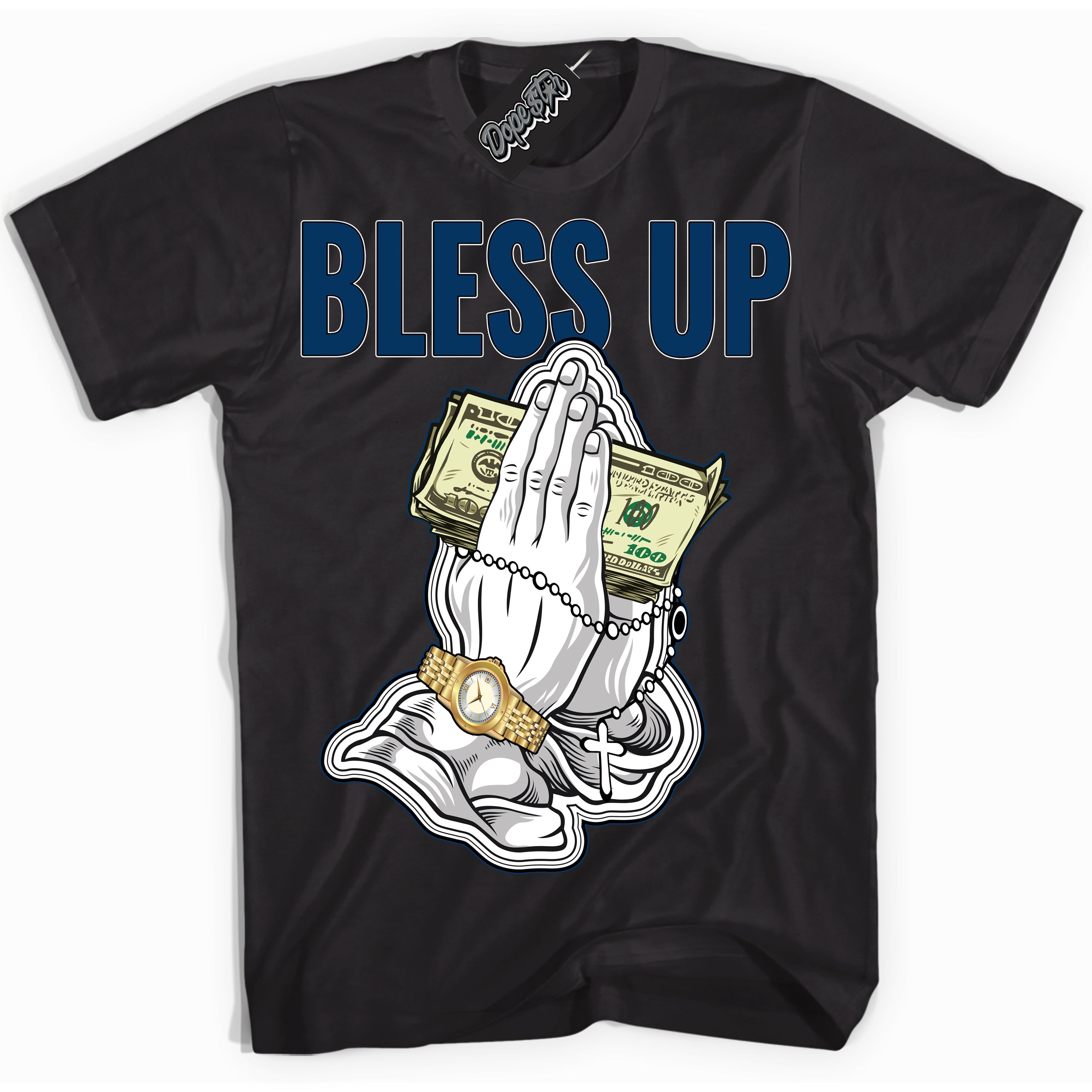 Cool Black Shirt with “Bless Up” design that perfectly matches the Midnight Navy 1s Jordans.