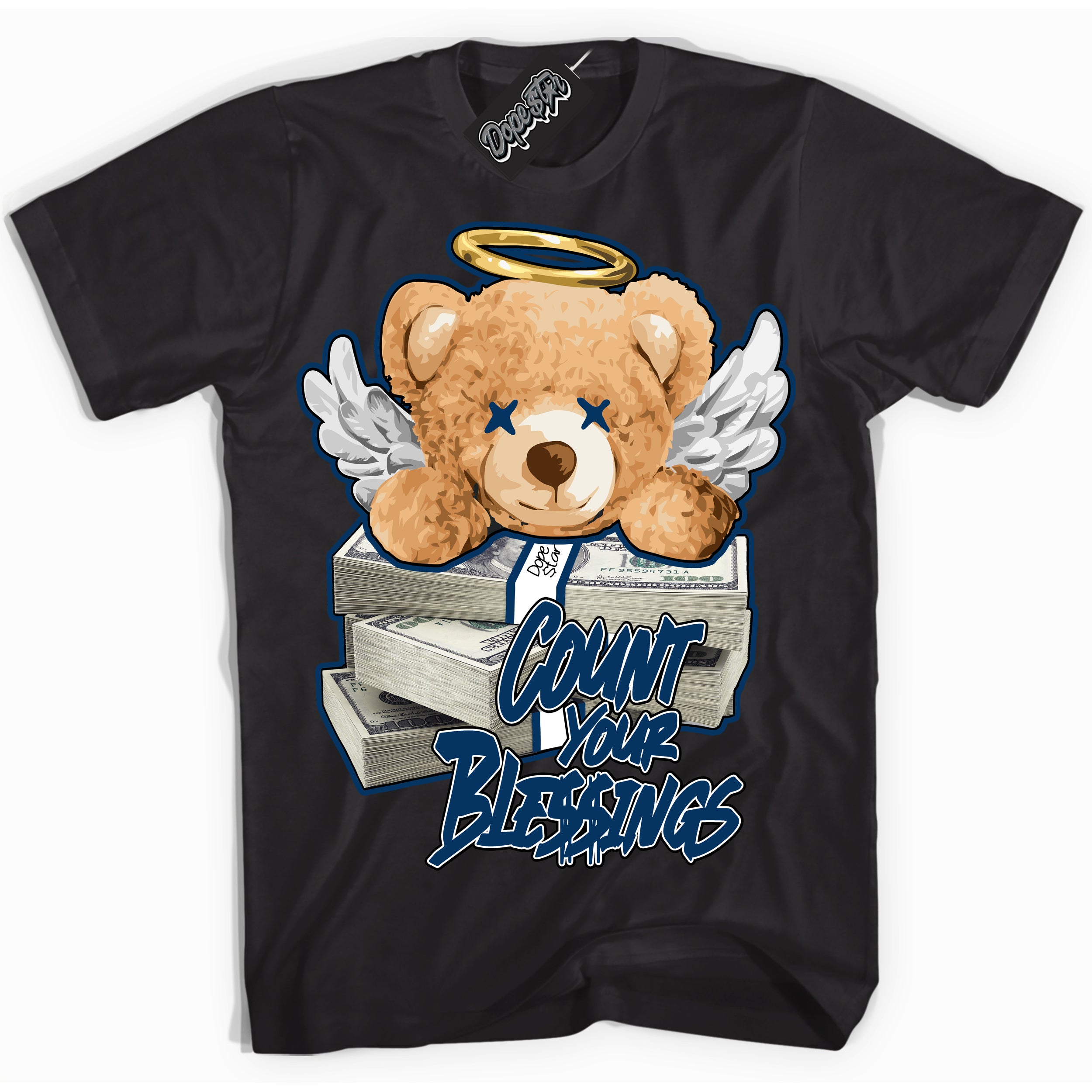 Cool Black Shirt with “Count Your Blessings” design that perfectly matches the Midnight Navy 1s Jordans.