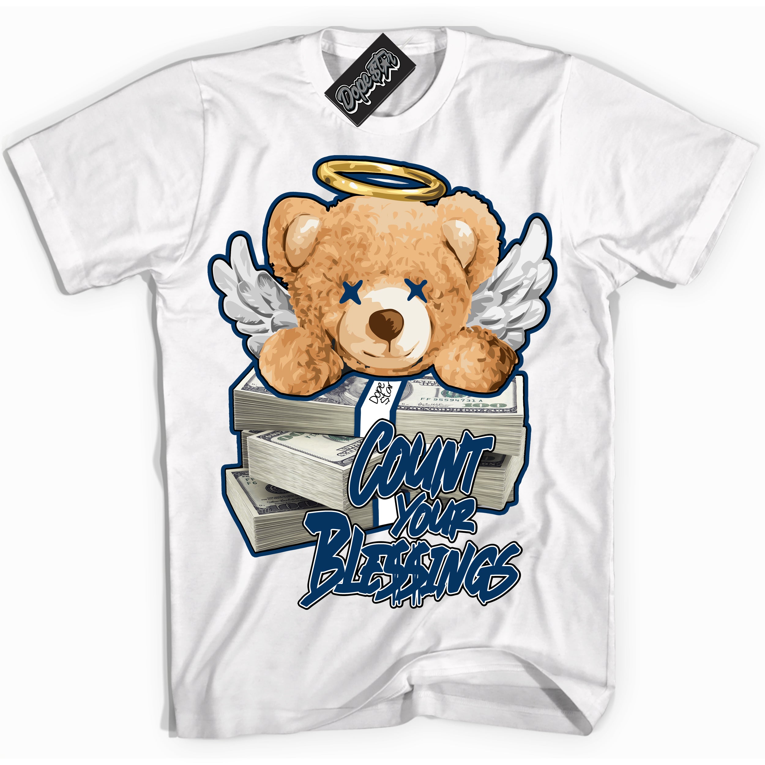 Cool White Shirt with “Count Your Blessings” design that perfectly matches the Midnight Navy 1s Jordans.