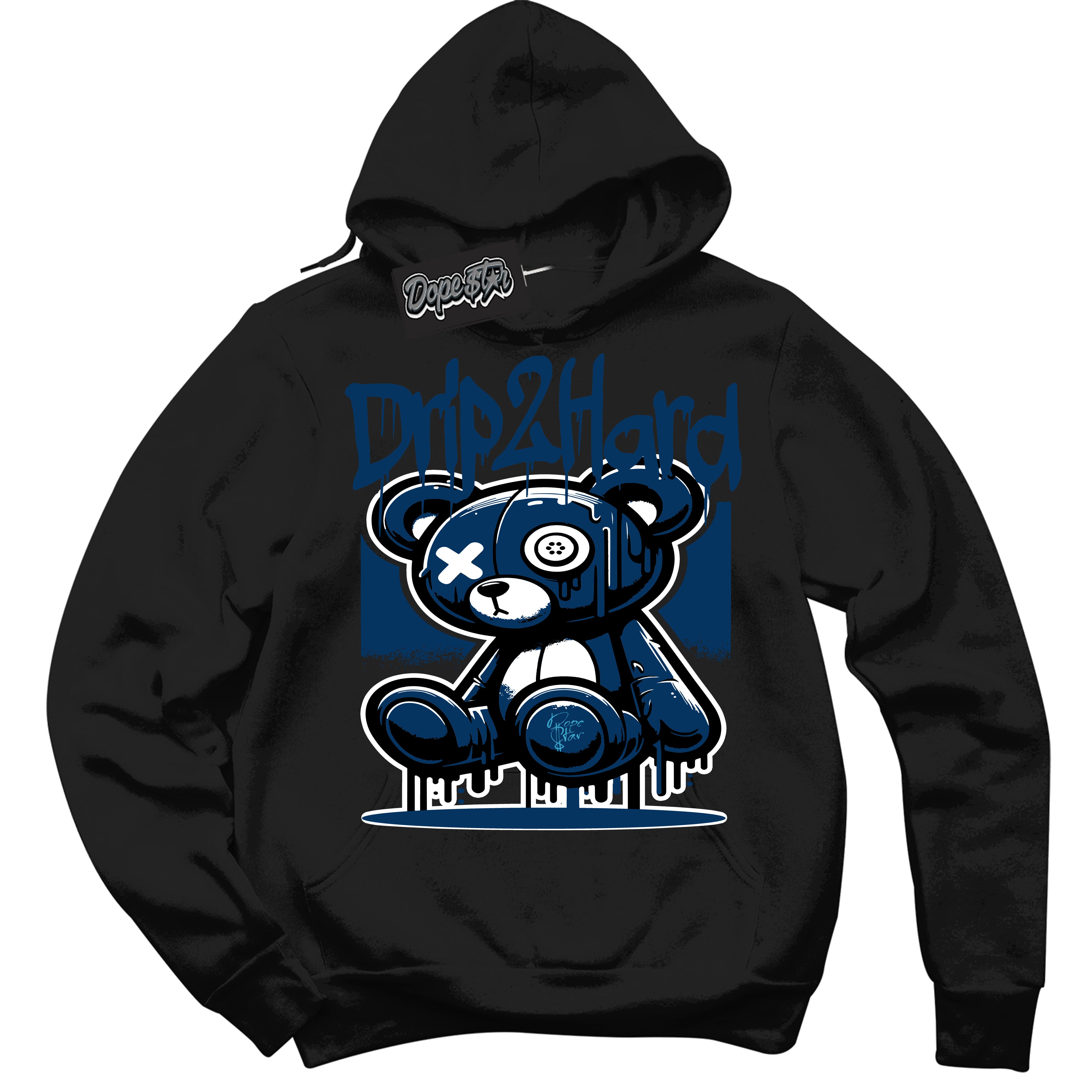 Cool Black Hoodie with “Drip 2 Hard” design that Perfectly Matches Midnight Navy 1s Jordans.