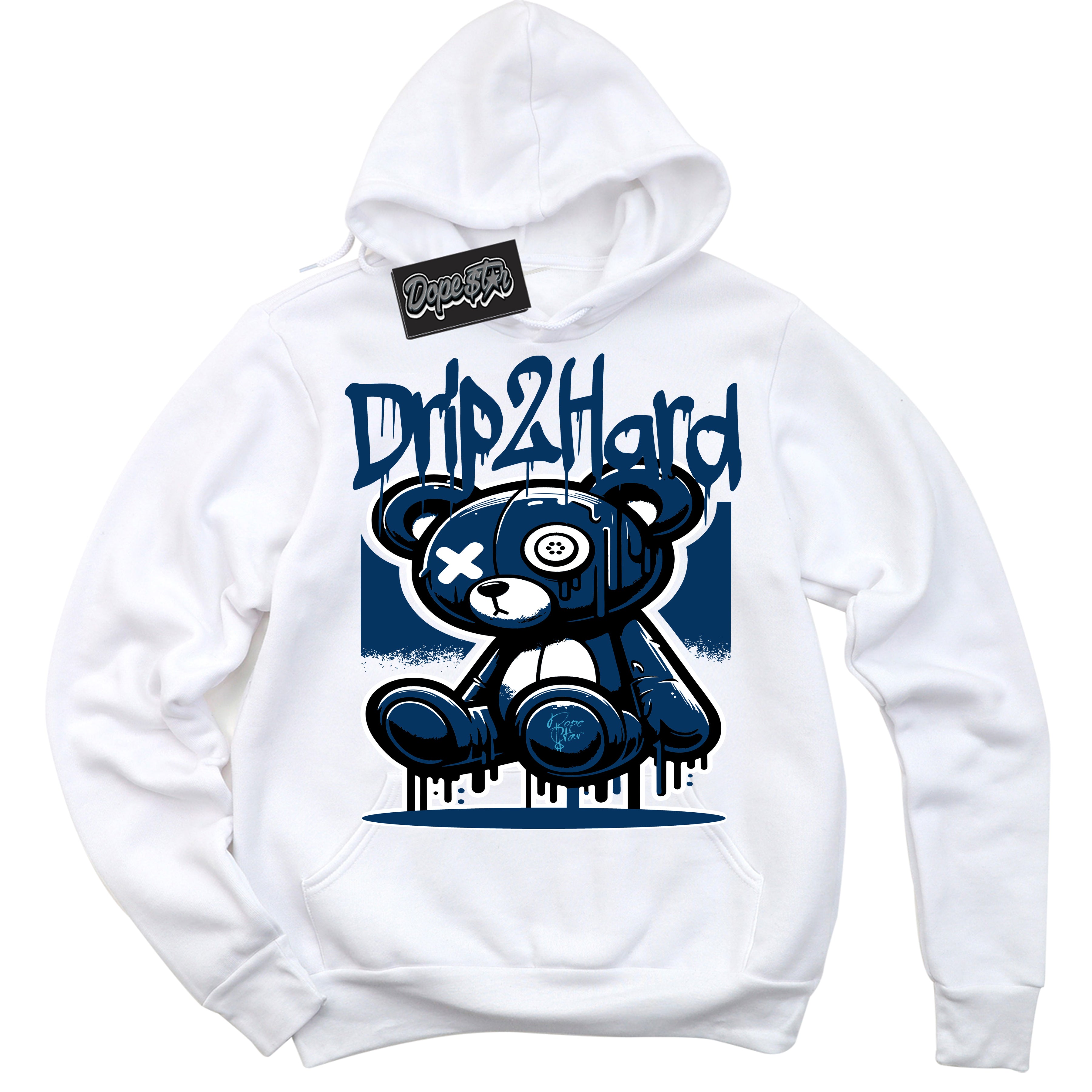 Cool White Hoodie with “Drip 2 Hard” design that Perfectly Matches Midnight Navy 1s Jordans.